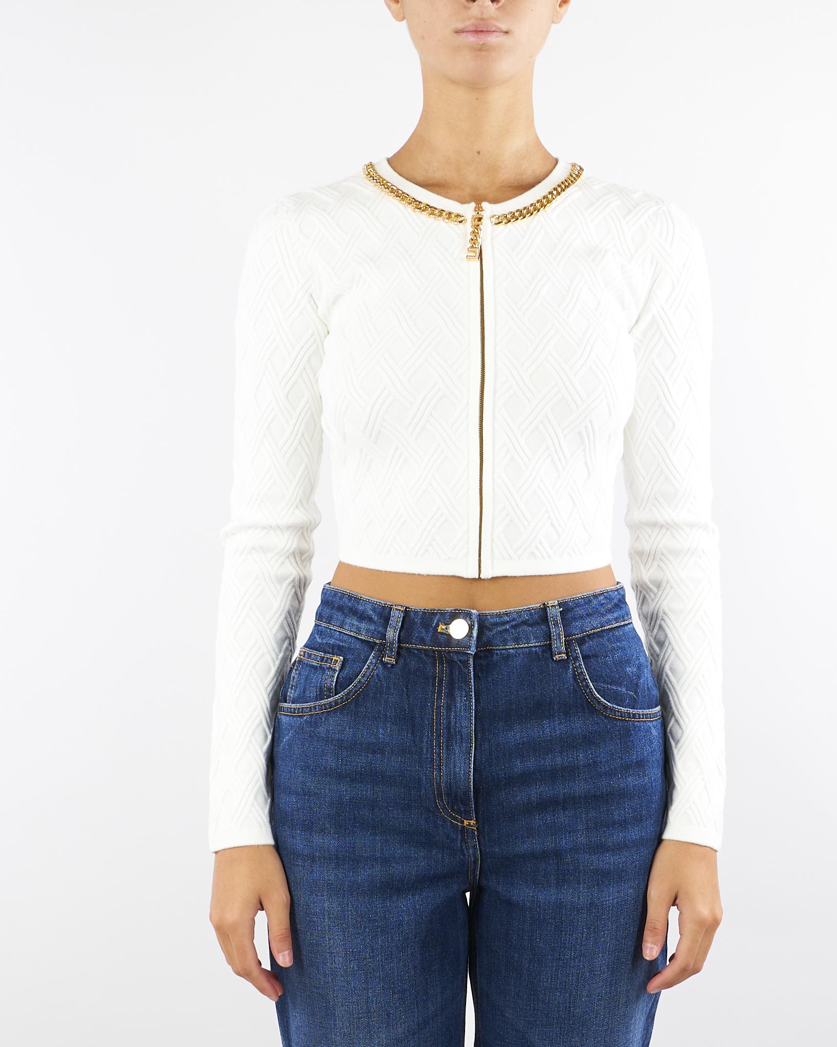 Cardigan Avorio in maglia a rombi con dettaglio gioiello MK29B56E2 360 ELISABETTA FRANCHI 