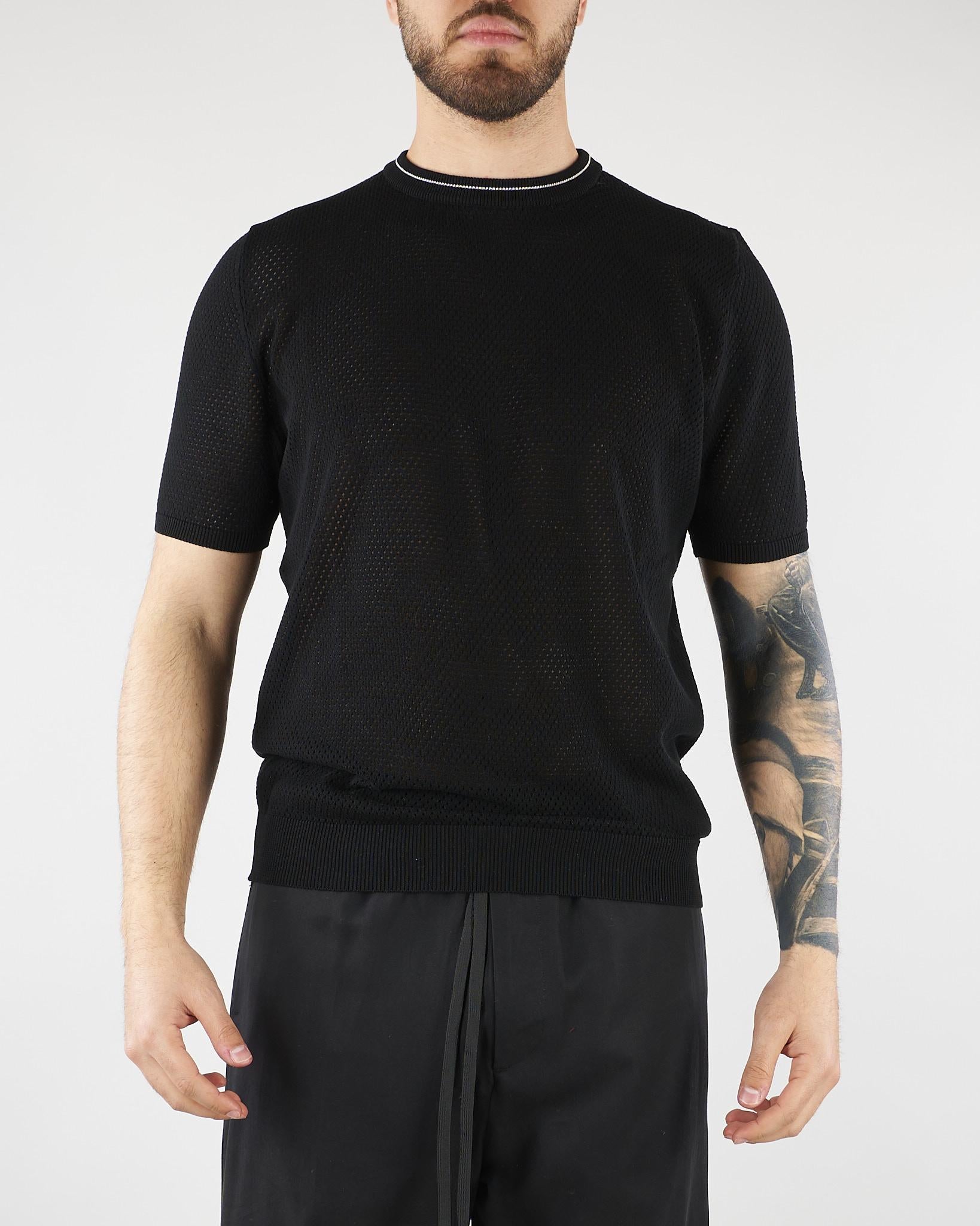 Maglia Nero in cotone microforato con profili a contrasto B9AB0054 438 AMARANTO 