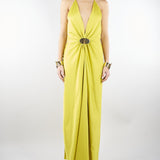 Abito in raso verde Acido con placca e bracciali oro AB11201TRAS0040 V0780 SIMONA CORSELLINI 