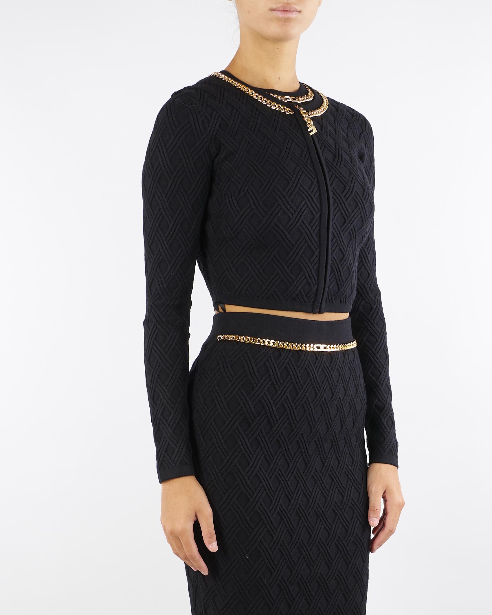 Cardigan Nero in maglia a rombi con dettaglio gioiello MK29B56E2 110 ELISABETTA FRANCHI 