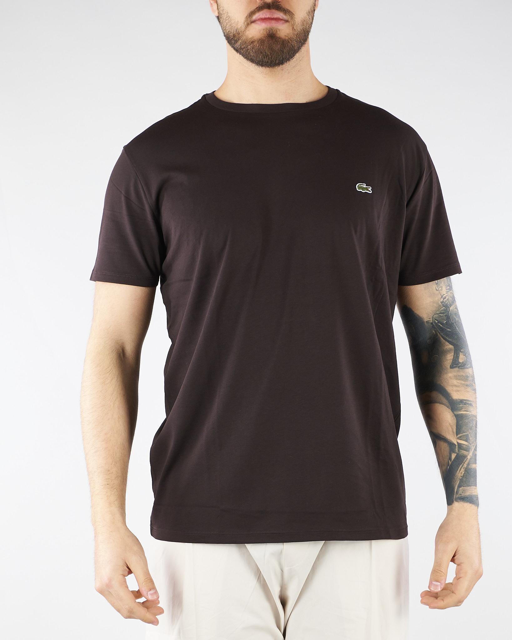 T-shirt Marrone in cotone Pima TH6709 3LA LACOSTE 