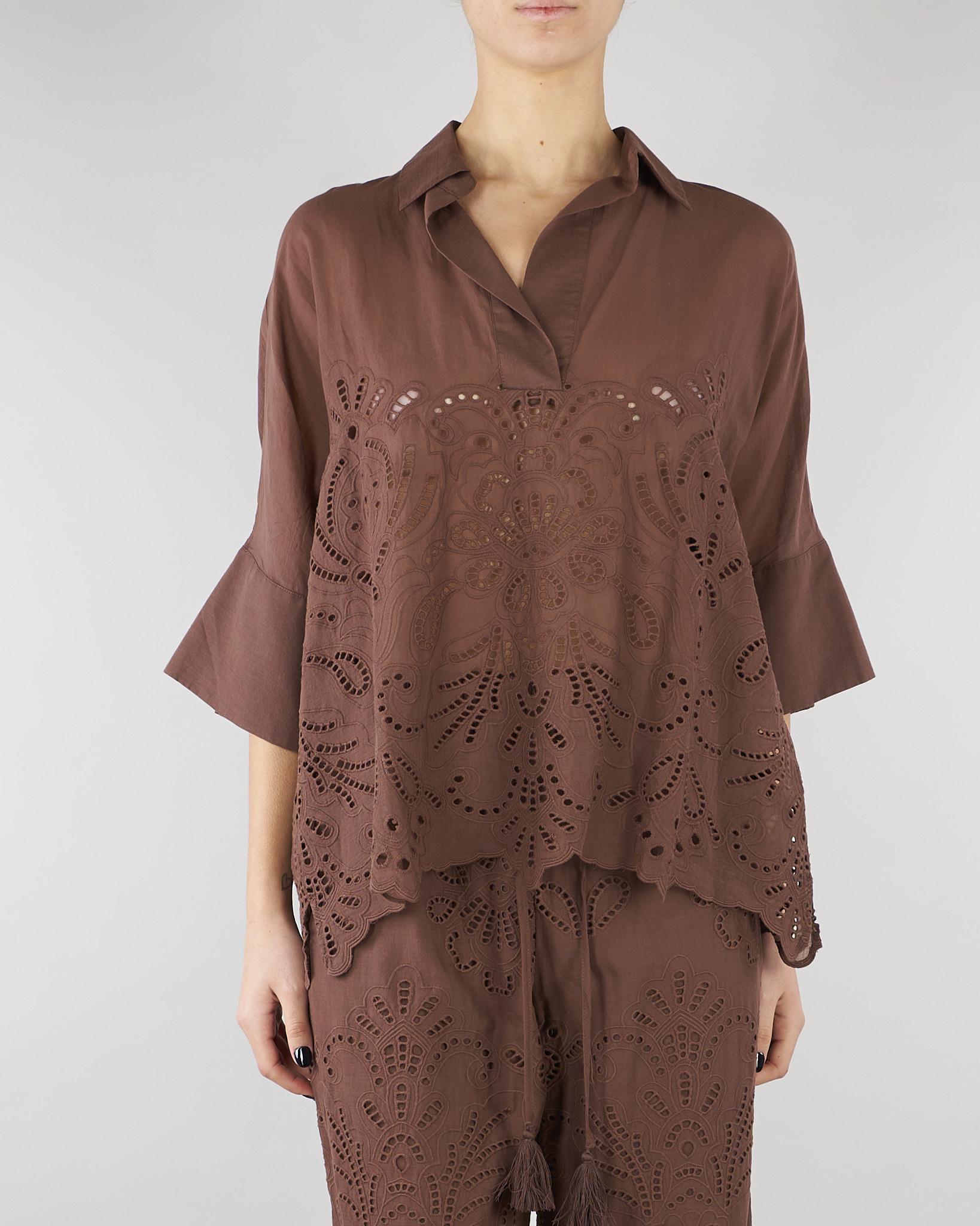 Camicia Marrone a kimono in mussola con ricamo sangallo D48EK022EN0 MFB24 ERMANNO BY ERMANNO SCERVINO 