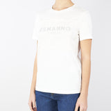 T-shirt con pizzo e logo di cristalli