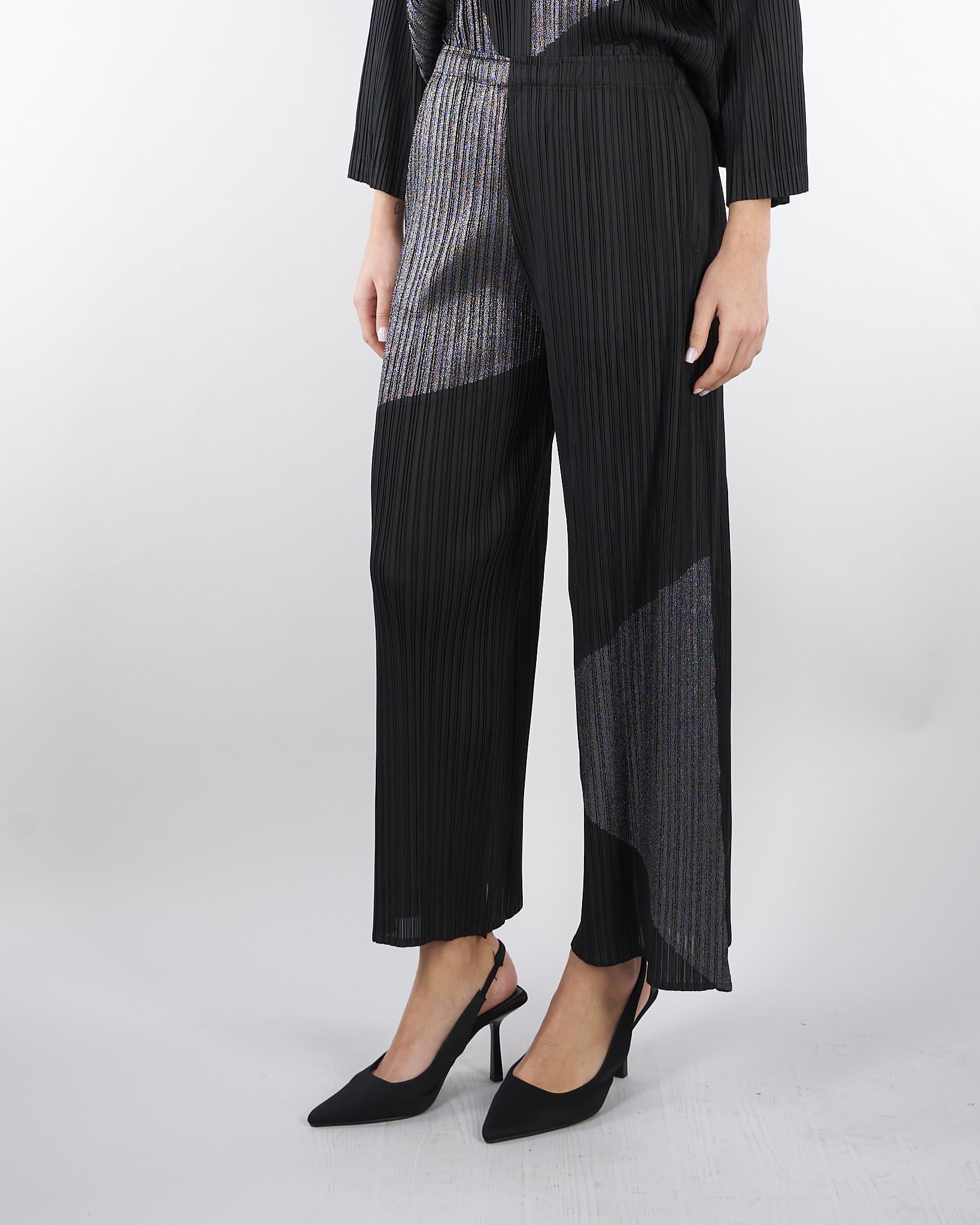 Pantalone Nero plissettato con inserti in lurex M6PY27 B1063 MEIMEIJ 