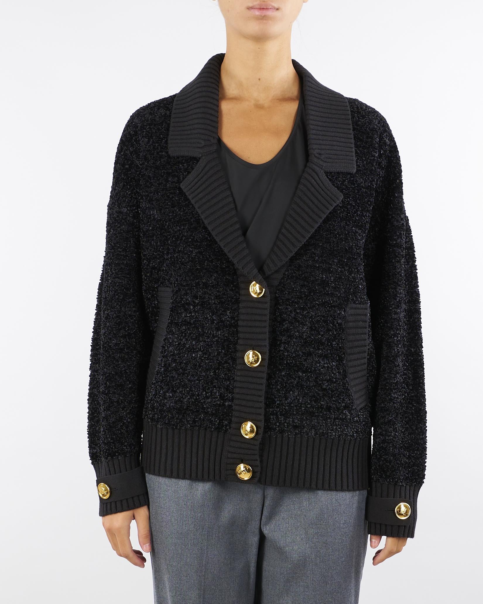 Cardigan Nero in ciniglia bouclé con bottoni gioiello MK44S57E2 110 ELISABETTA FRANCHI 