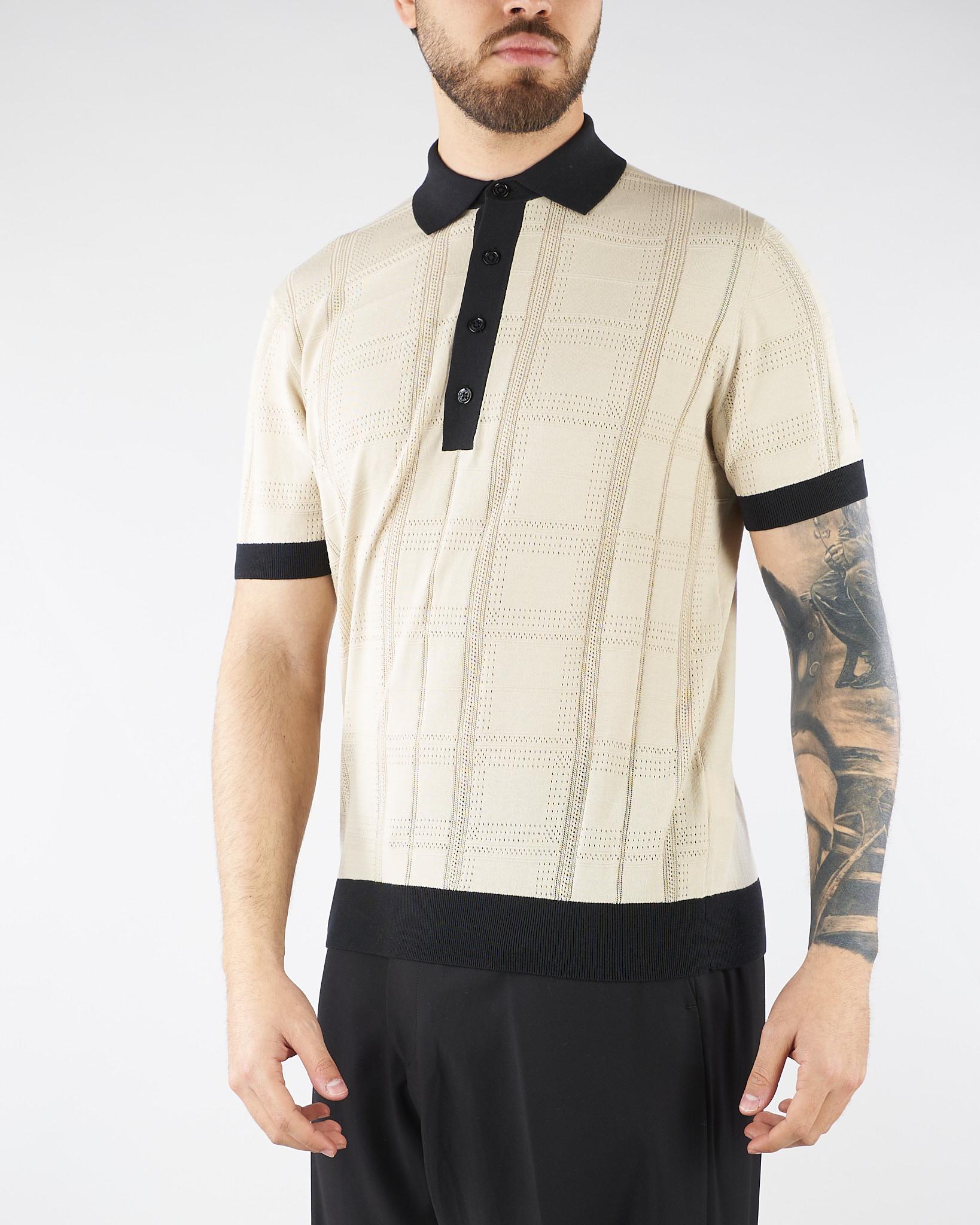 Maglia jacquard a Polo Beige-Nero con profili a contrasto A016F100 0001 PAOLO PECORA 