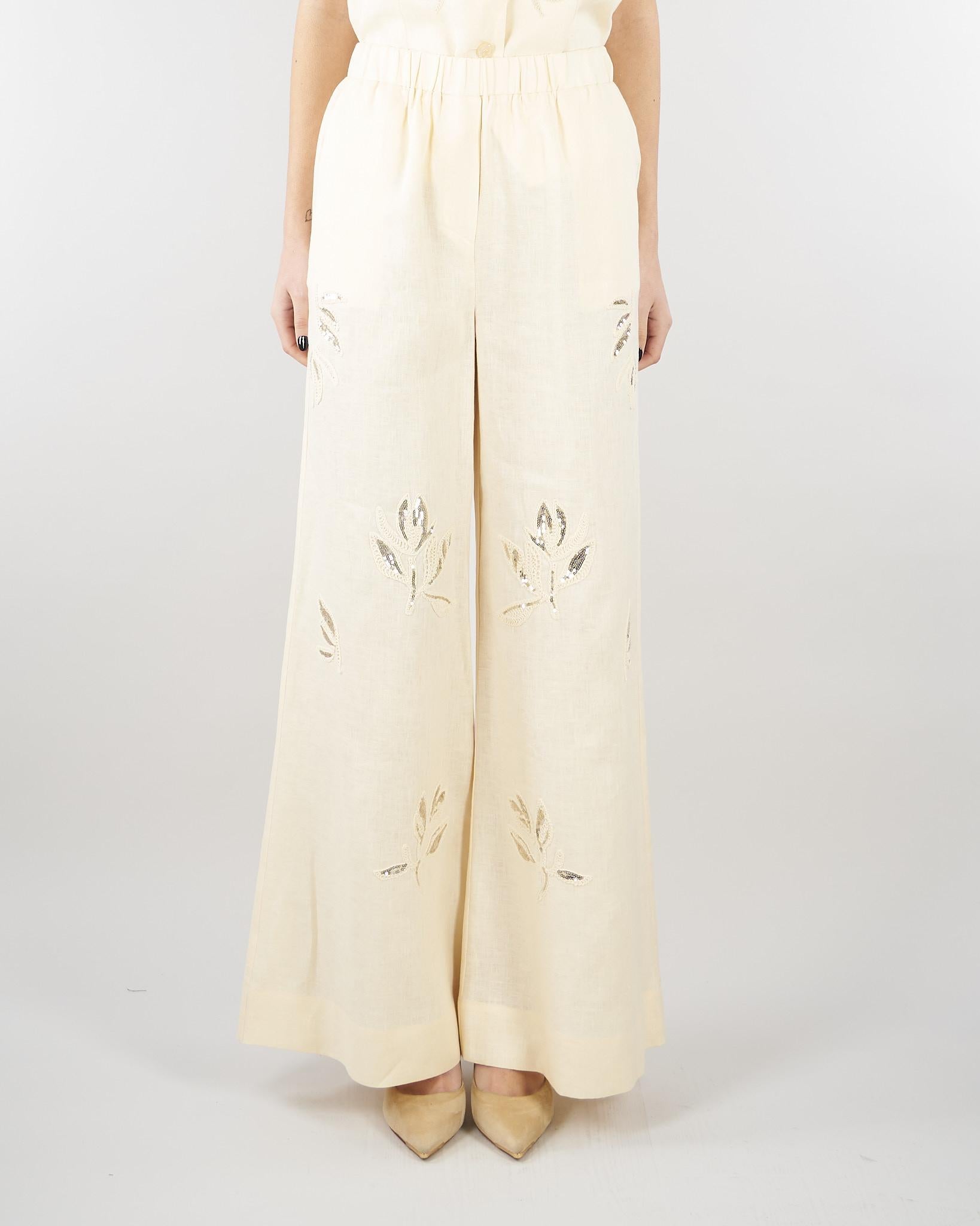 Pantalone Ecru in lino con ricami in paillettes SP5NT052 1004 ICONA 