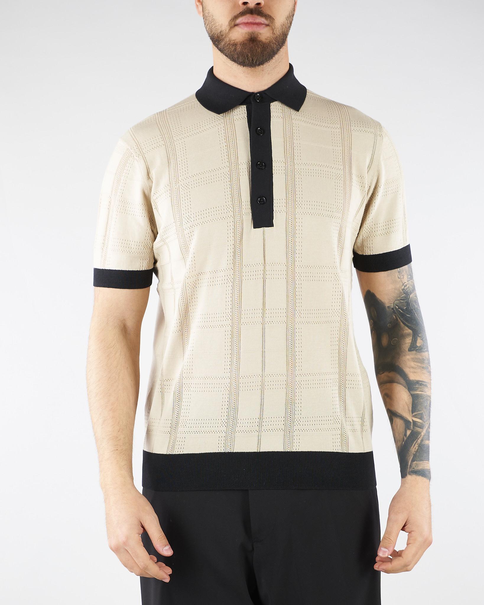 Maglia jacquard a Polo Beige-Nero con profili a contrasto A016F100 0001 PAOLO PECORA 