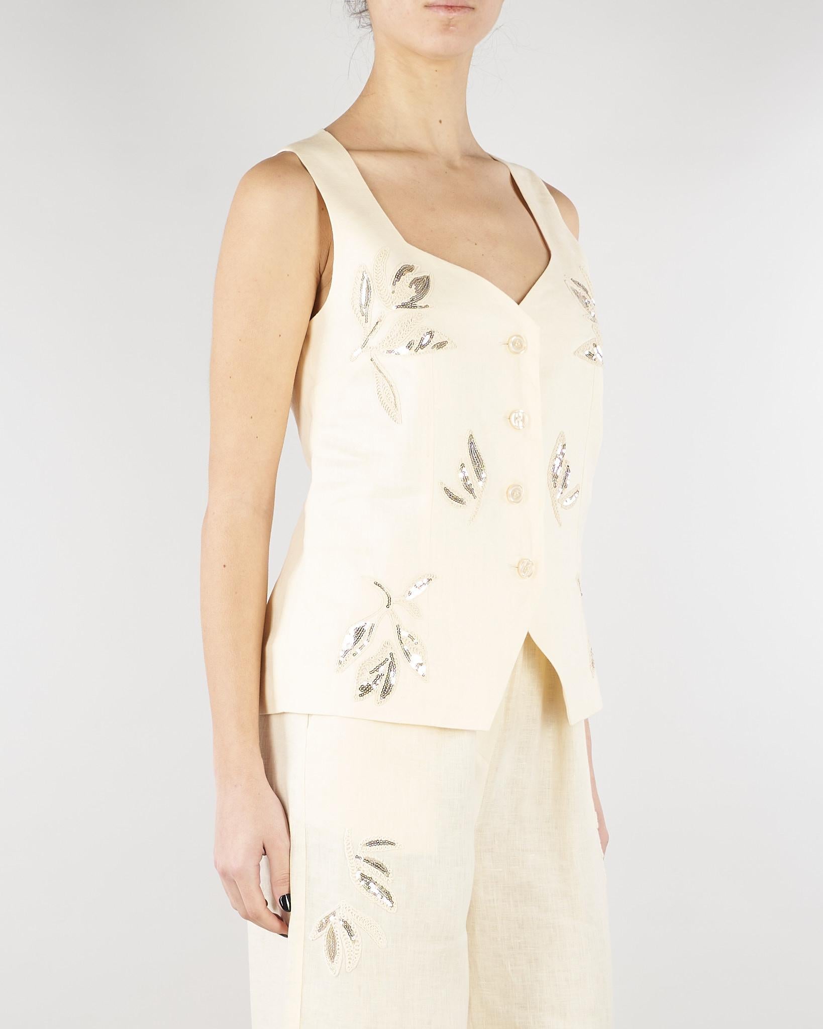 Gilet Ecru in lino con ricami in paillettes SP5NT054 1004 ICONA 