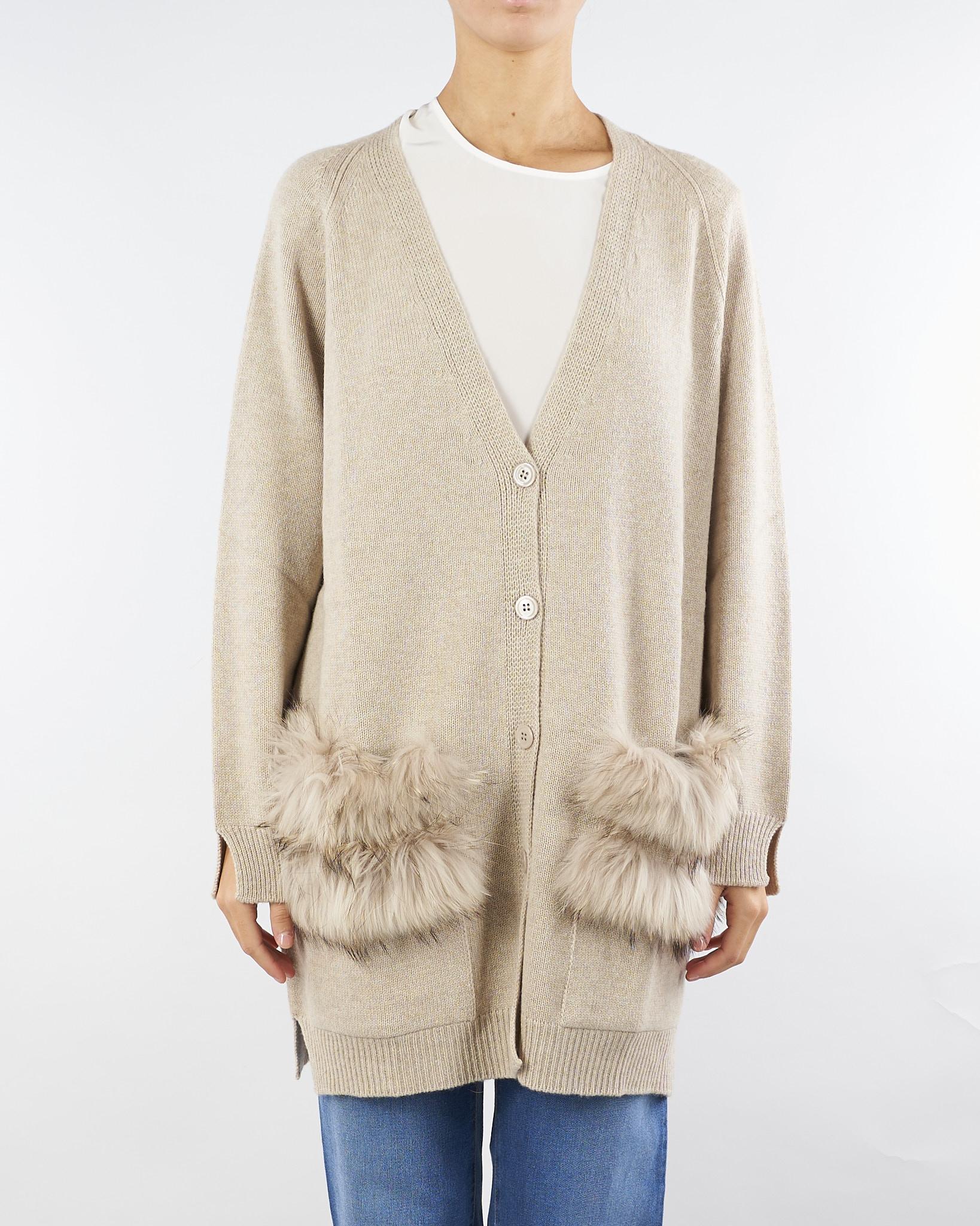 Cardigan Sabbia in pura lana e cashmere con inserti in vera pelliccia V53516 35 VANISE' 