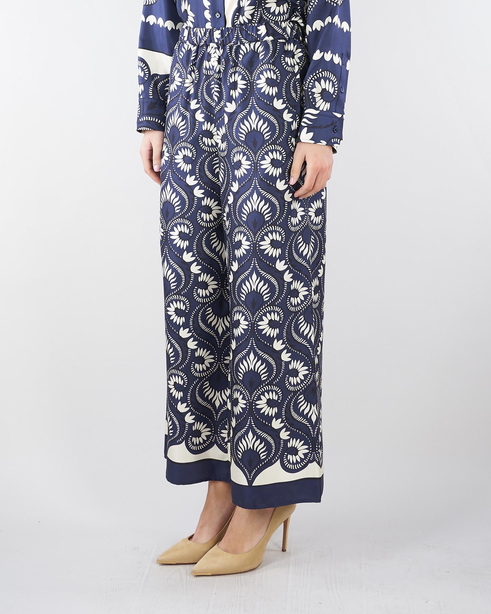 Pantalone Blu-Bianco in seta stampata. WKDOTTICO 1 MAX MARA WEEKEND 