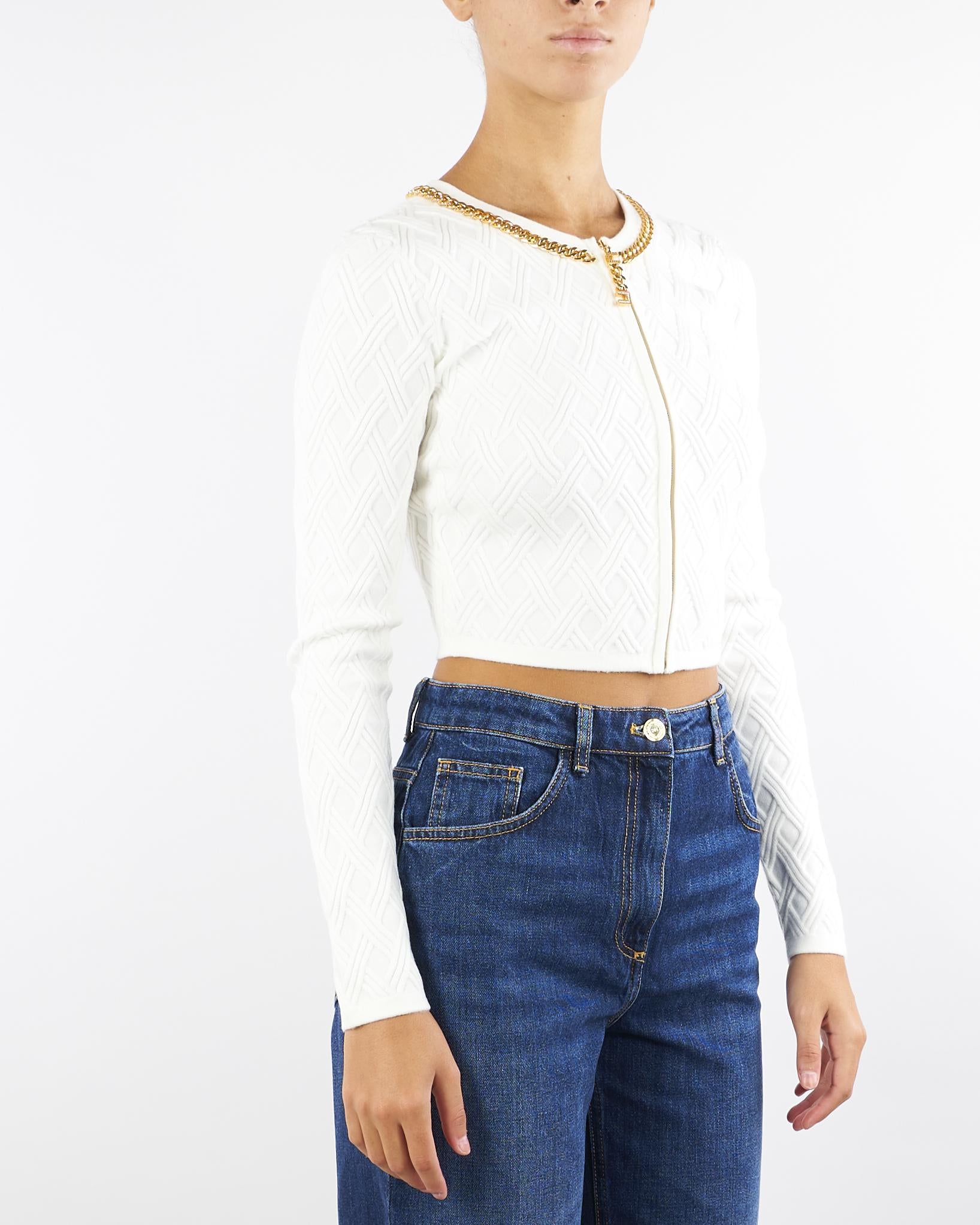 Cardigan Avorio in maglia a rombi con dettaglio gioiello MK29B56E2 360 ELISABETTA FRANCHI 