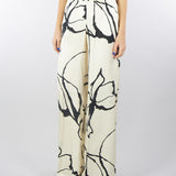 Pantalone a fantasia Crema-Nero in viscosa con elastico in vita