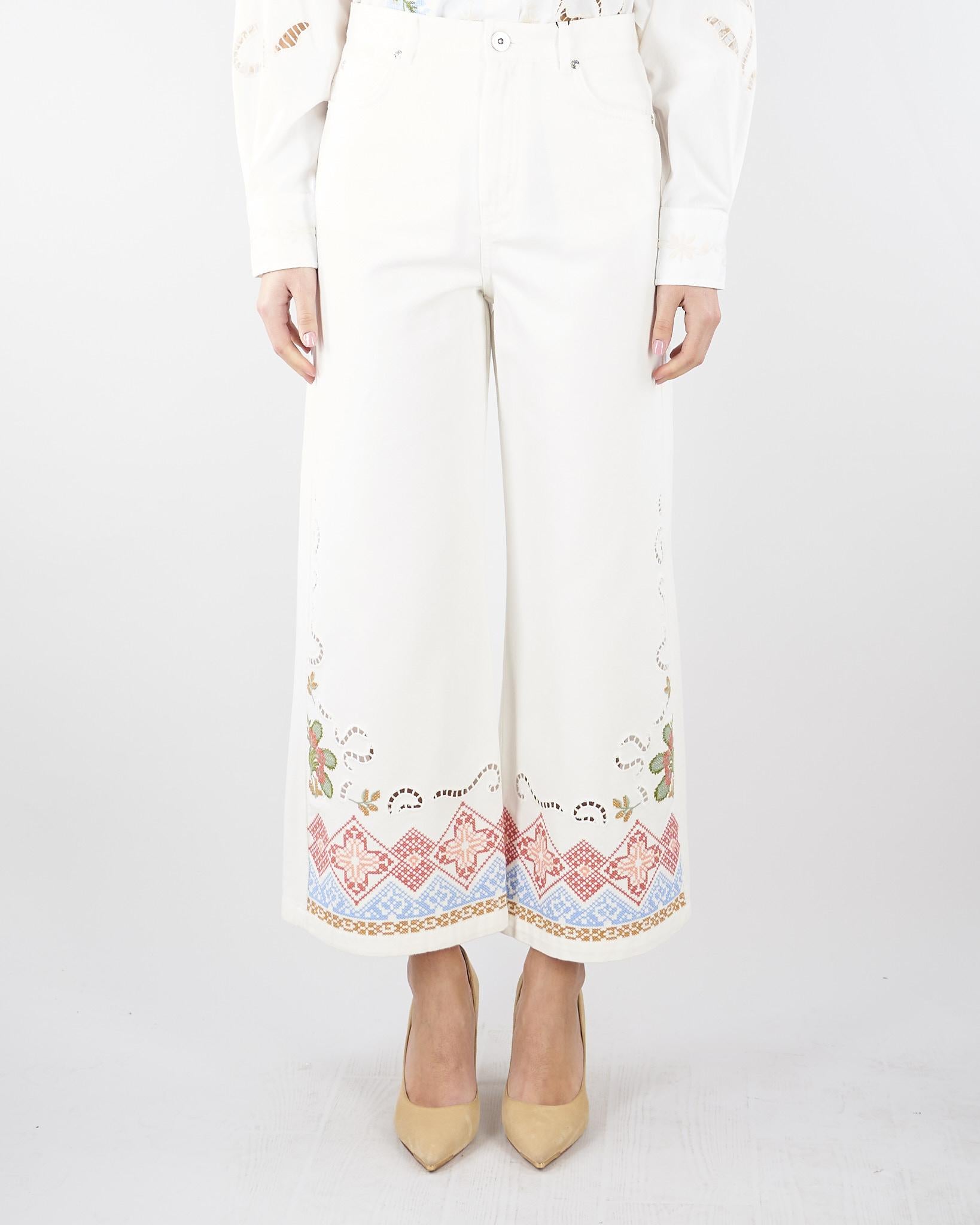 Pantalone bianco in bull di cotone con ricami WKDADUNCO 9 MAX MARA WEEKEND 