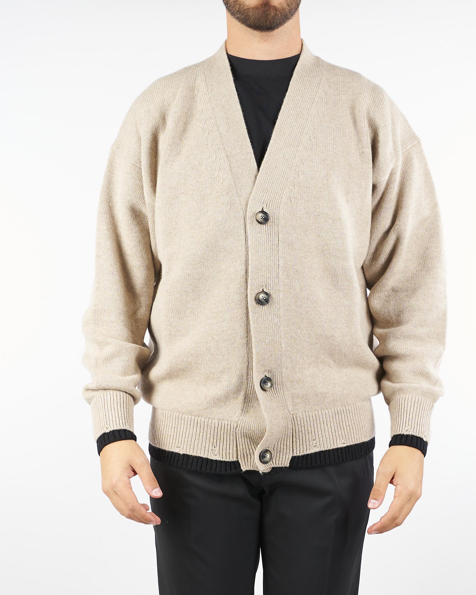 Cardigan Beige in pura lana con dettagli a contrasto B9F0047 431 AMARANTO 