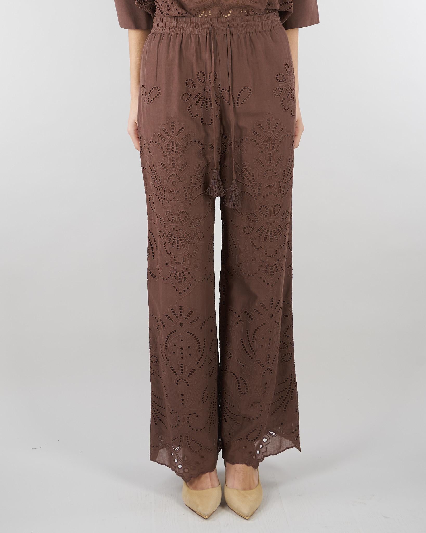 Pantalone Marrone in mussola con ricamo sangallo D48EP050EN0 MFB24 ERMANNO BY ERMANNO SCERVINO 