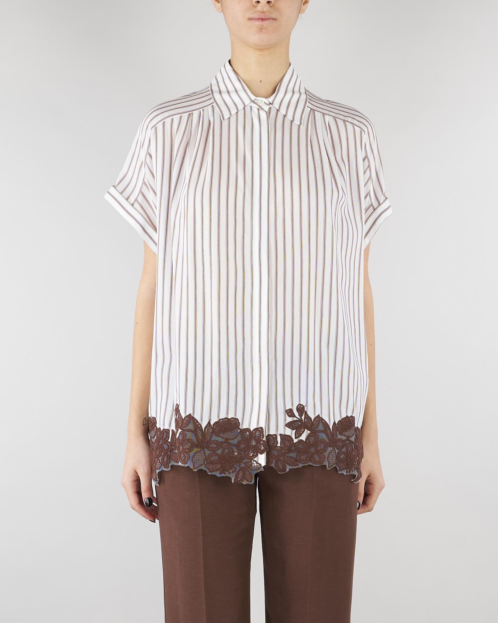 Camicia Bianco-Marrone a righe con ricami floreali D48EK036ES2 MFB25 ERMANNO BY ERMANNO SCERVINO 