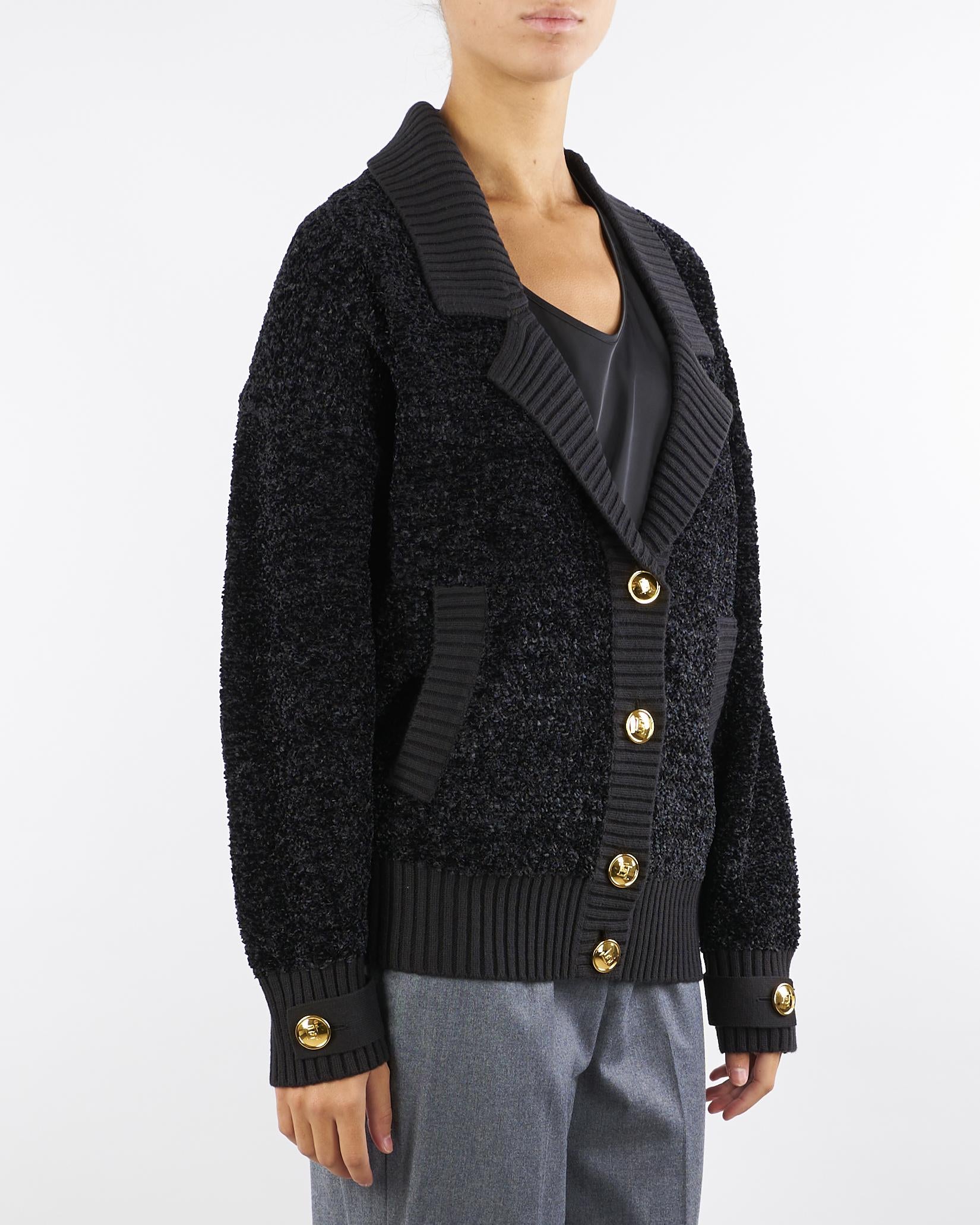 Cardigan Nero in ciniglia bouclé con bottoni gioiello MK44S57E2 110 ELISABETTA FRANCHI 