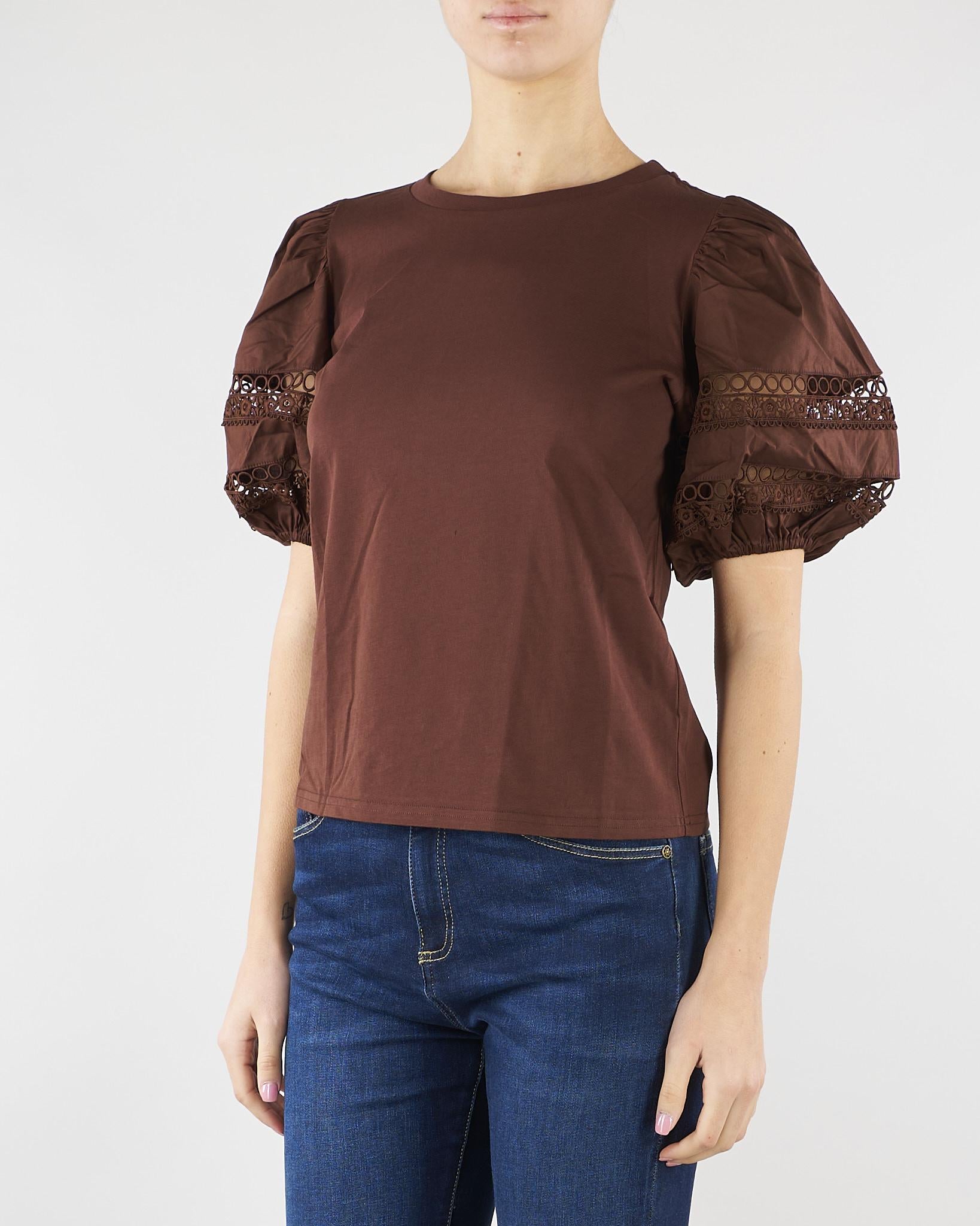 T-shirt Coffe con maniche a sbuffo e ricamo sangallo TT2260 12110 TWIN SET 