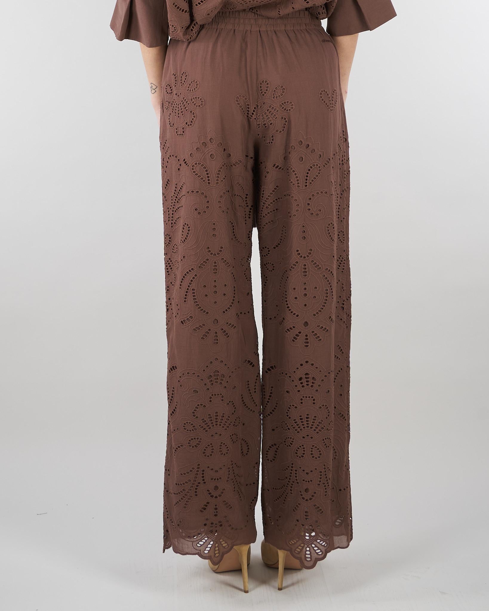 Pantalone Marrone in mussola con ricamo sangallo D48EP050EN0 MFB24 ERMANNO BY ERMANNO SCERVINO 