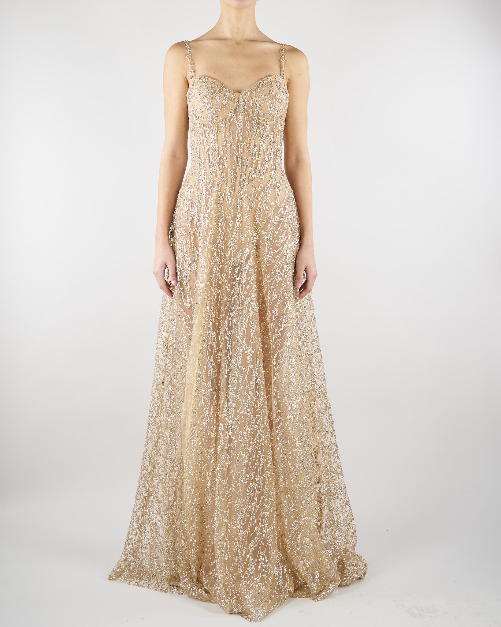 Abito lungo Gold con ricamo pietre e paillettes MINNY 35 FOREVER UNIQUE 