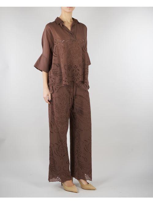 Pantalone Marrone in mussola con ricamo sangallo D48EP050EN0 MFB24 ERMANNO BY ERMANNO SCERVINO 