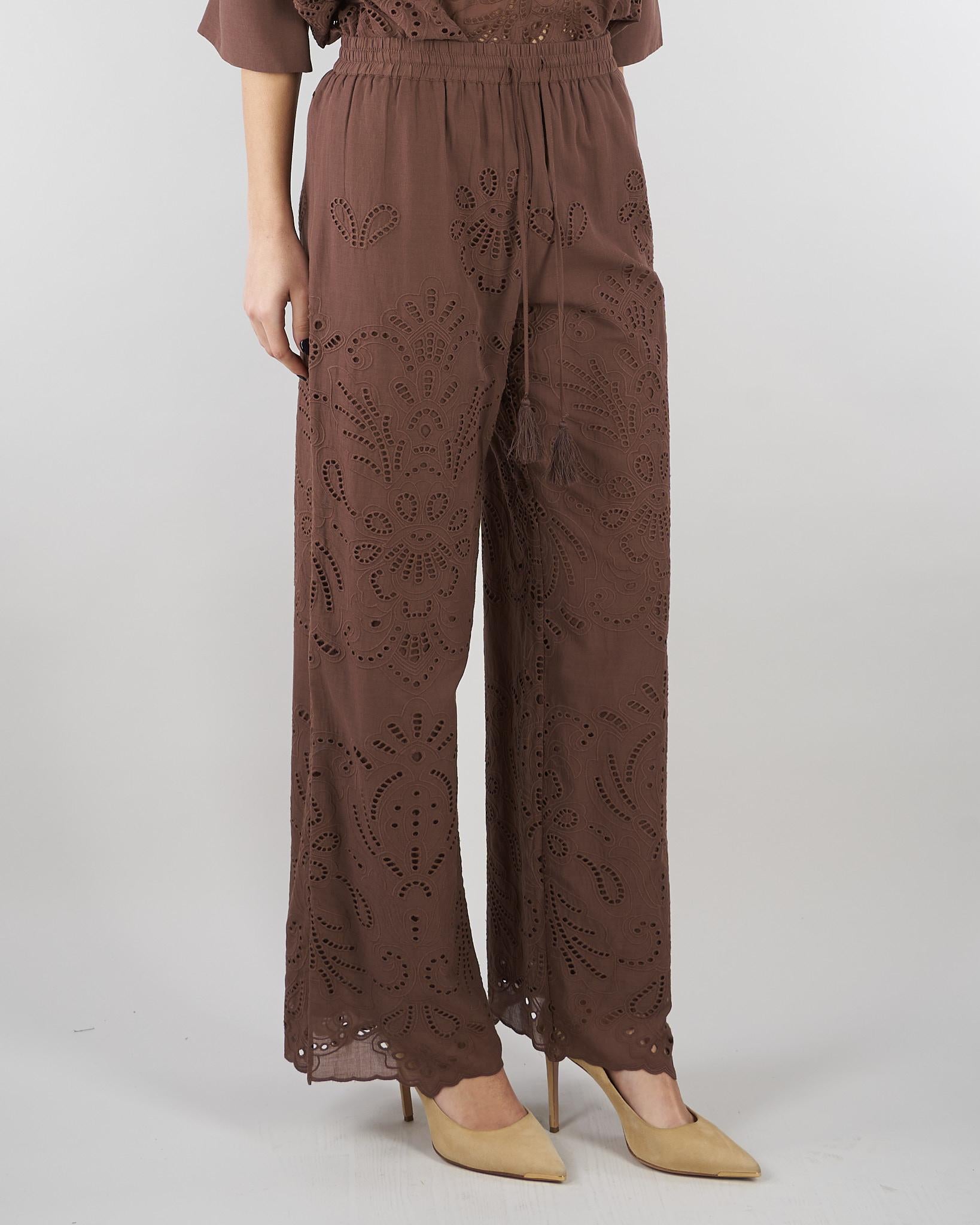 Pantalone Marrone in mussola con ricamo sangallo D48EP050EN0 MFB24 ERMANNO BY ERMANNO SCERVINO 
