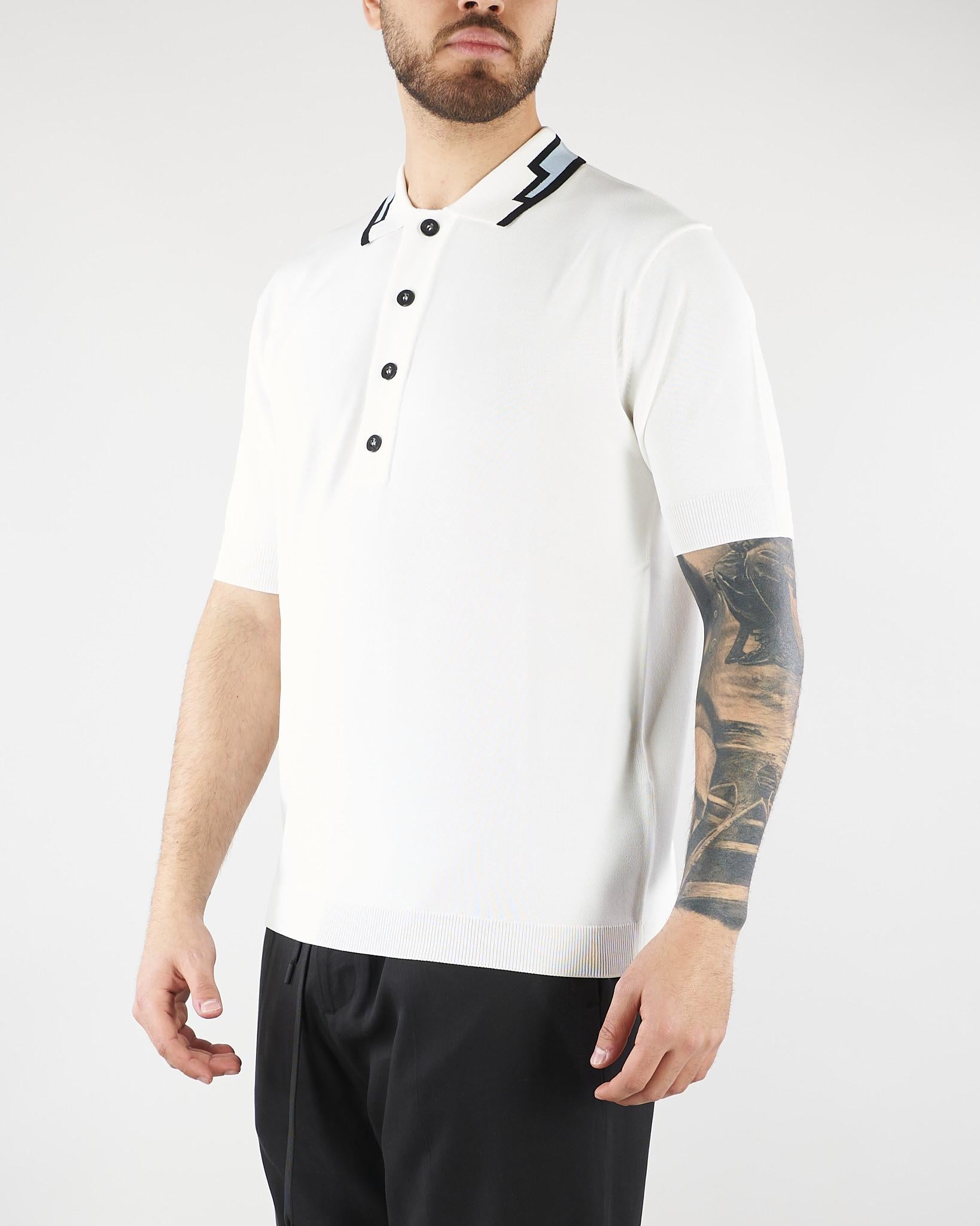 Polo Bianco in maglia di viscosa con collo jacquard LM26005 A014 LOW BRAND 