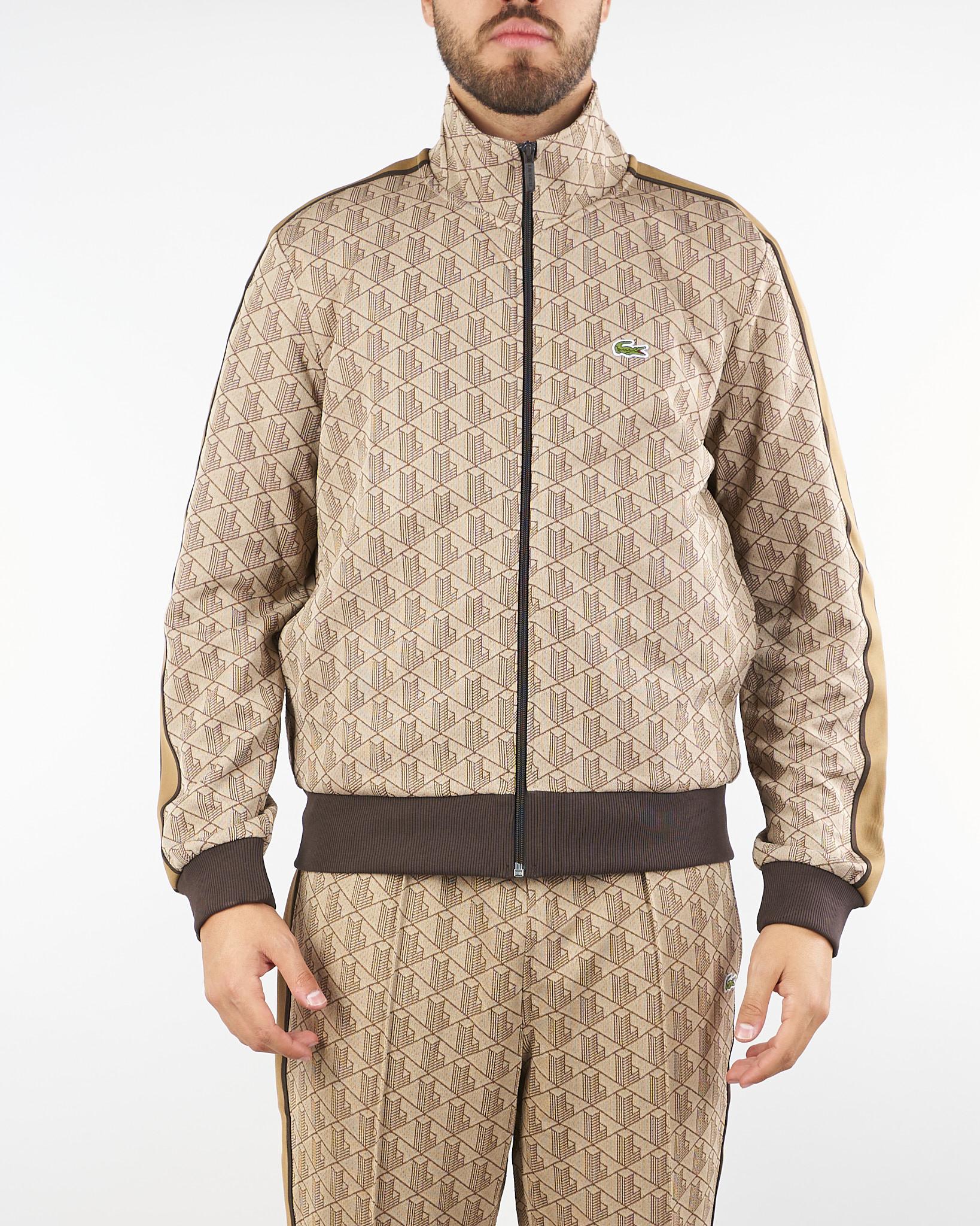 Felpa Beige in jacquard monogram con zip e logo SH1368 6IR LACOSTE 