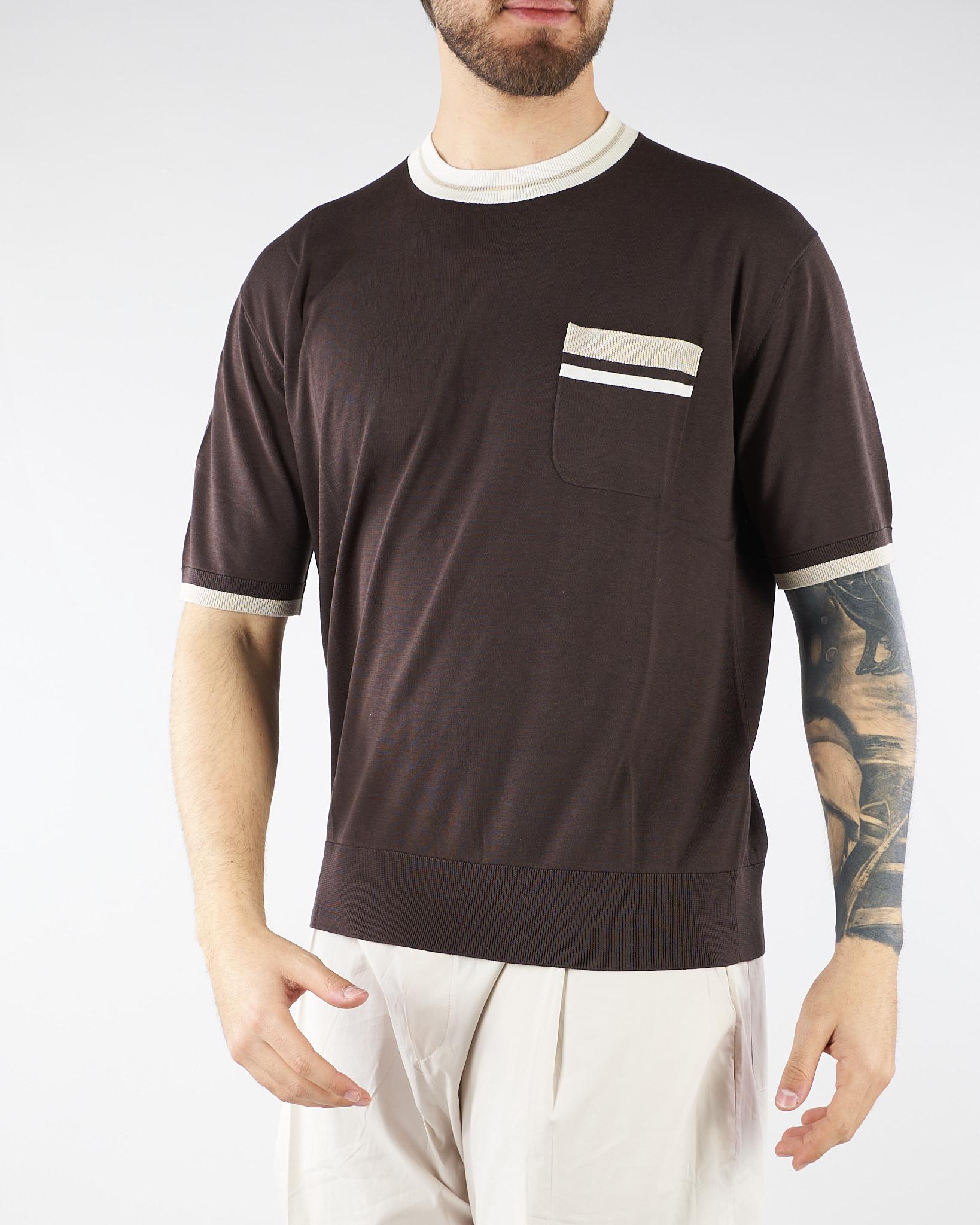 Maglia Marrone in pura seta e cotone con profili a contrasto A032F200 2345 PAOLO PECORA 
