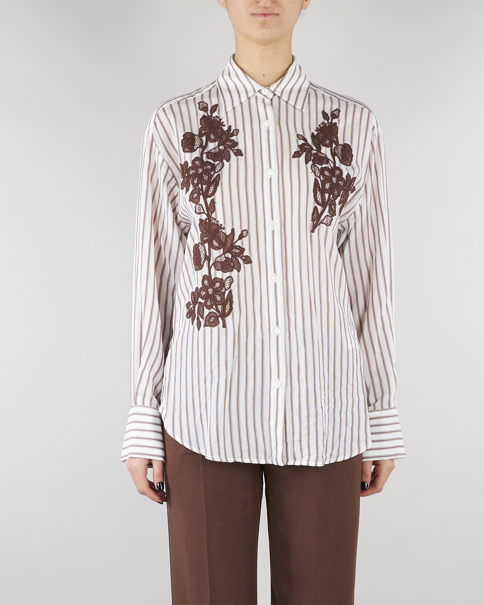 Camicia Bianco-Marrone a righe con ricami floreale D48EK037ES2 MFB25 ERMANNO BY ERMANNO SCERVINO 