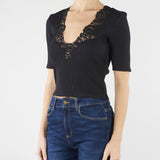 T-shirt Nero a costine con pizzo TT2361 6 TWIN SET 