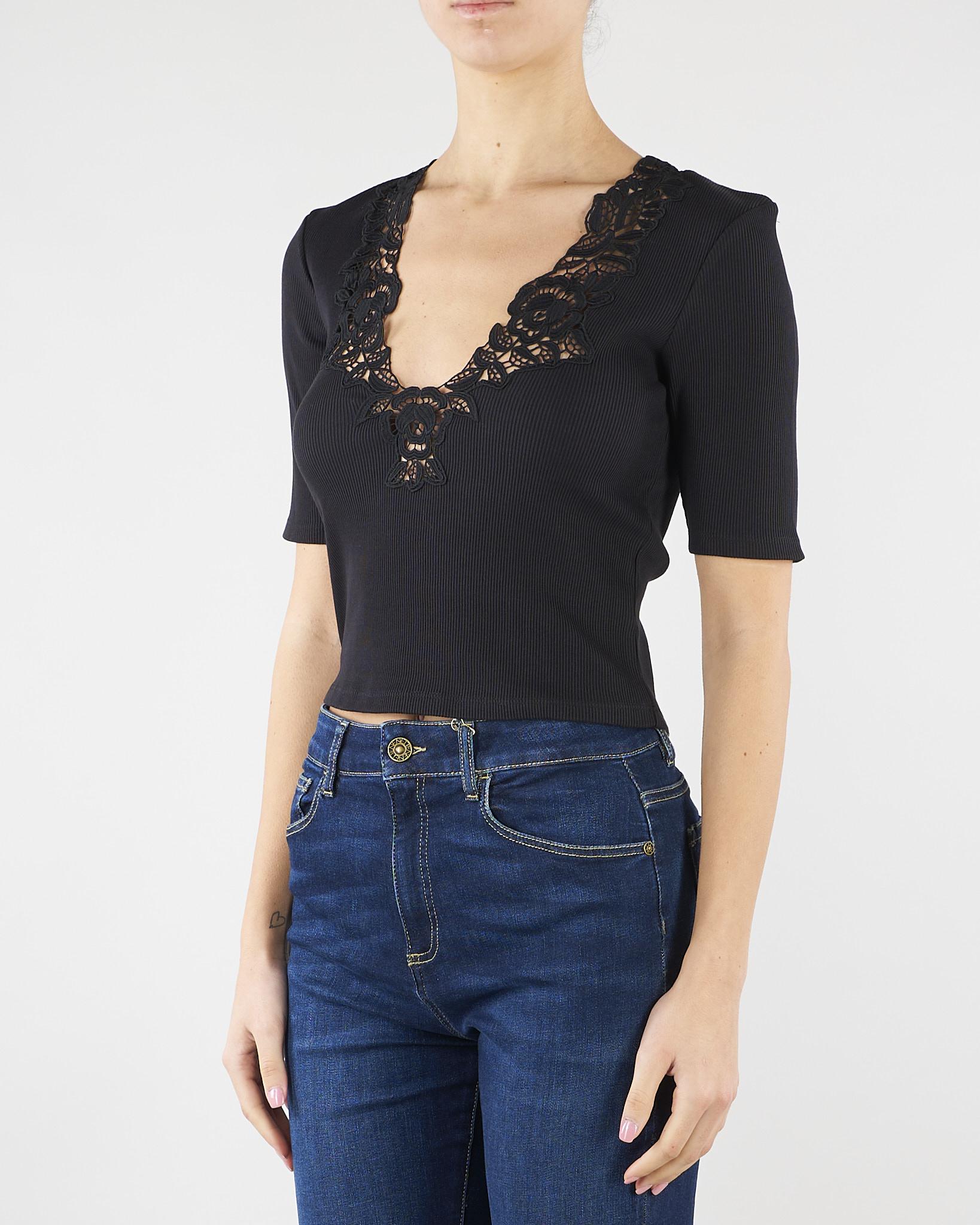T-shirt Nero a costine con pizzo TT2361 6 TWIN SET 