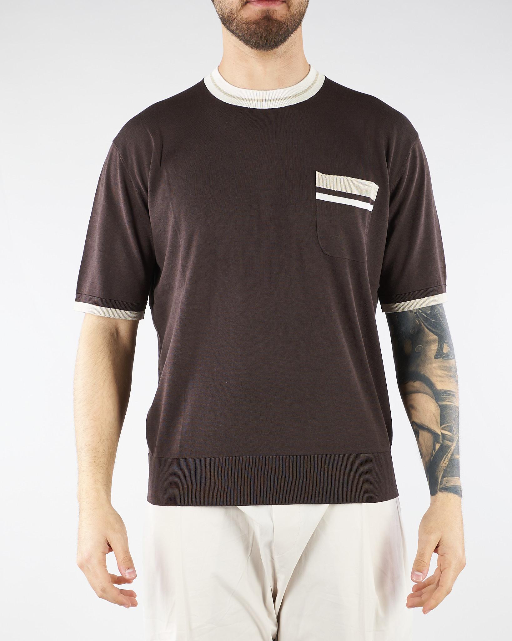 Maglia Marrone in pura seta e cotone con profili a contrasto A032F200 2345 PAOLO PECORA 