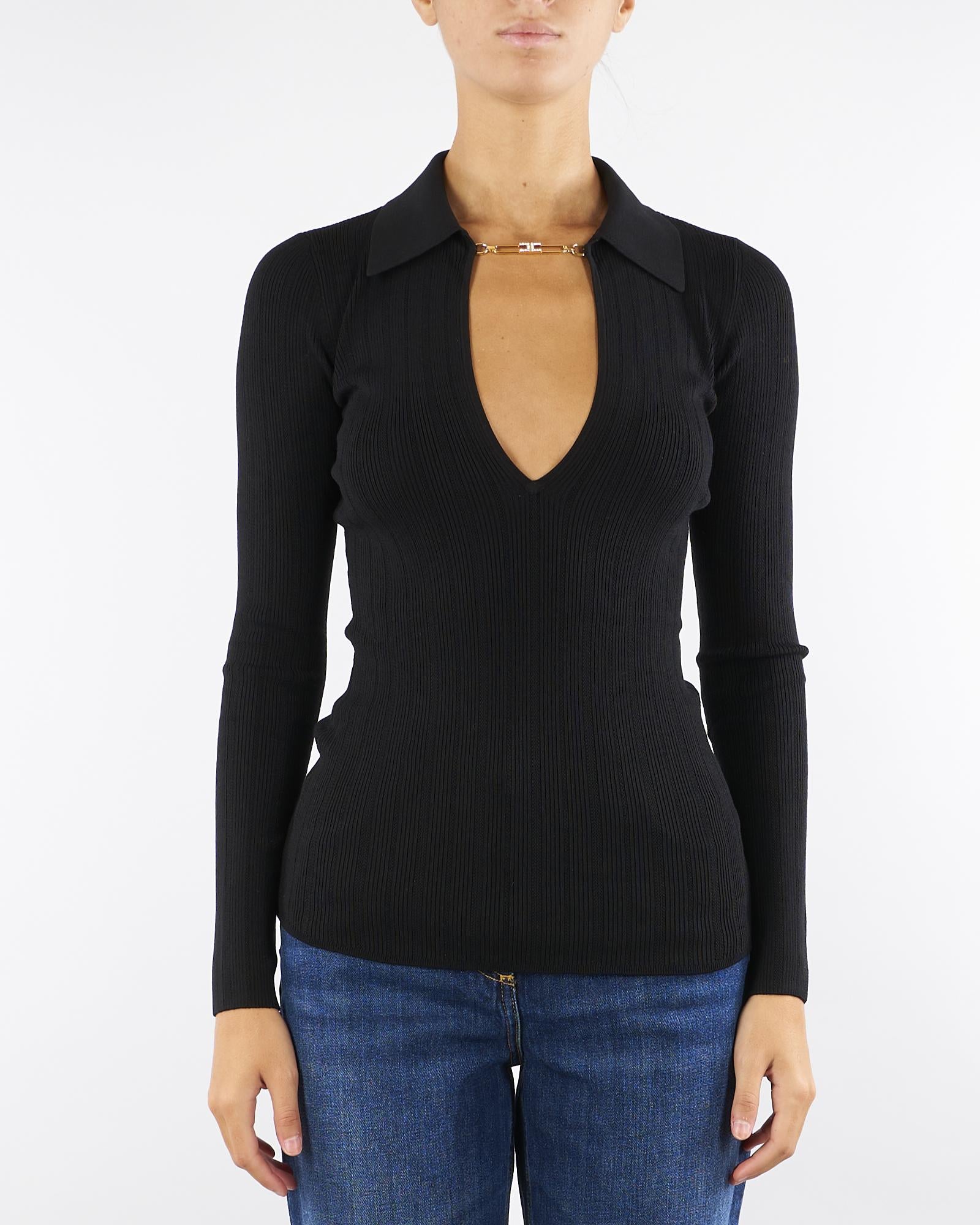 Maglia Nero a costine con dettagli à jour MK09B56E2 110 ELISABETTA FRANCHI 