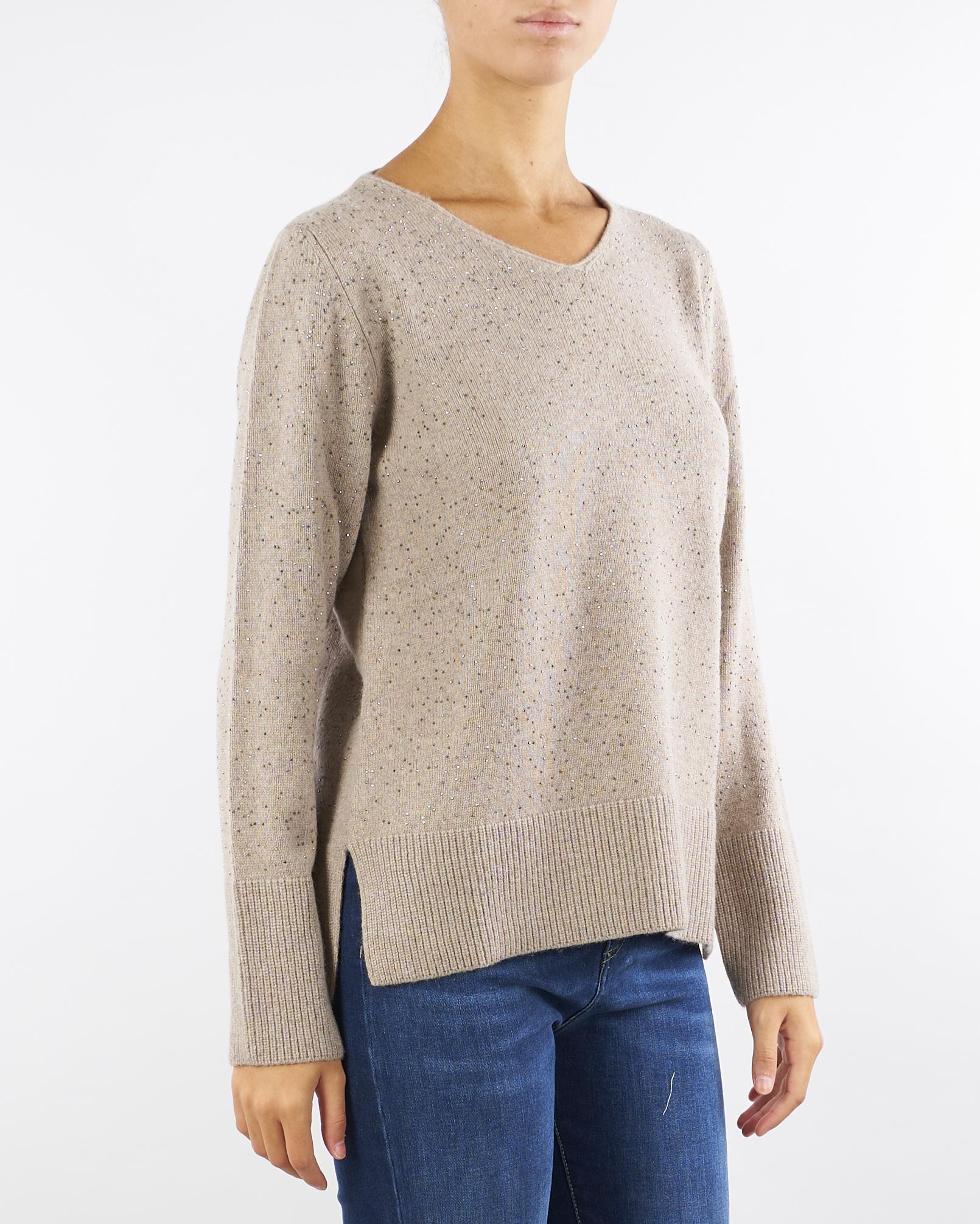 Maglia Tortora in misto lana e cashmere con strass C8185720 35 CLIPS 