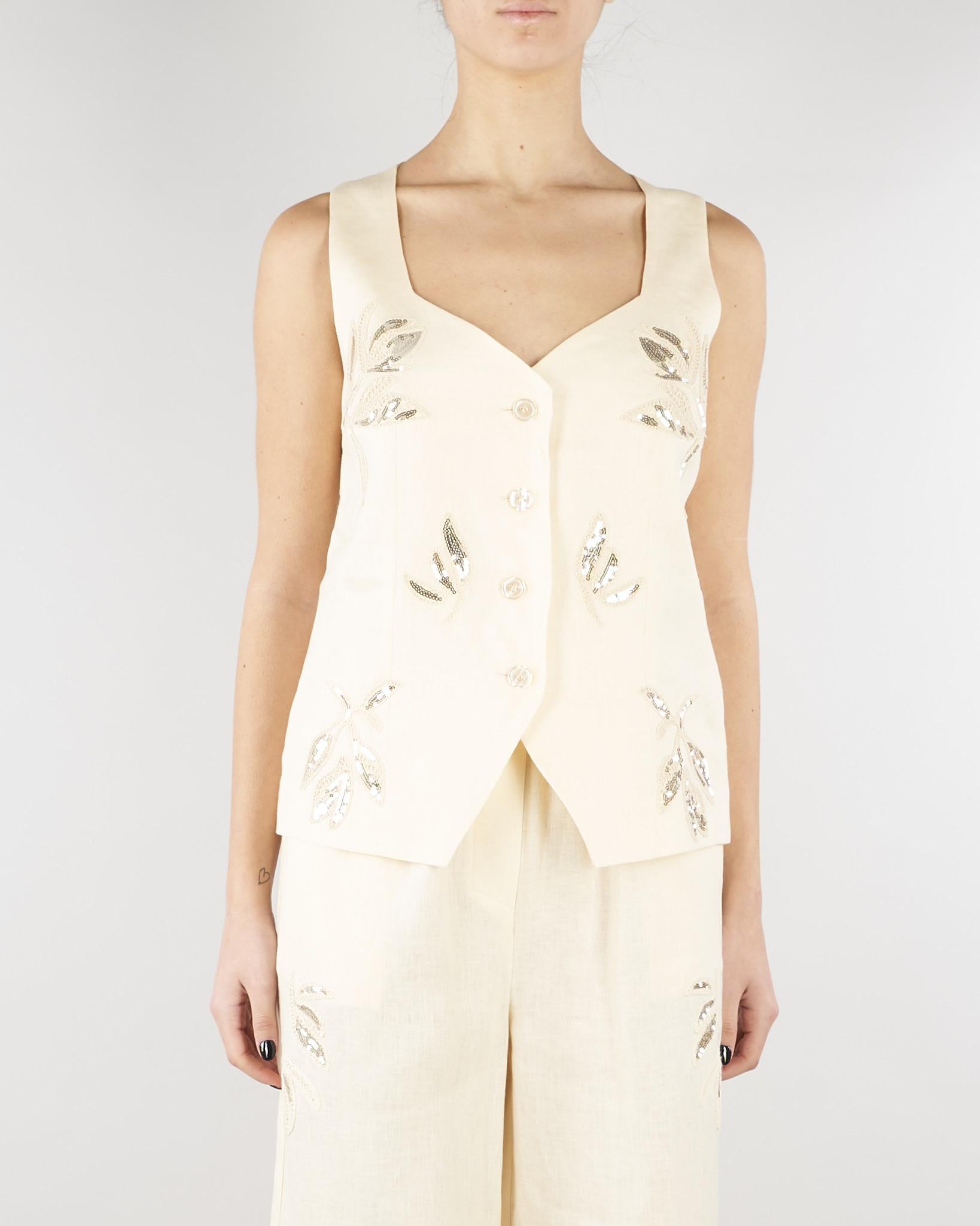 Gilet Ecru in lino con ricami in paillettes SP5NT054 1004 ICONA 