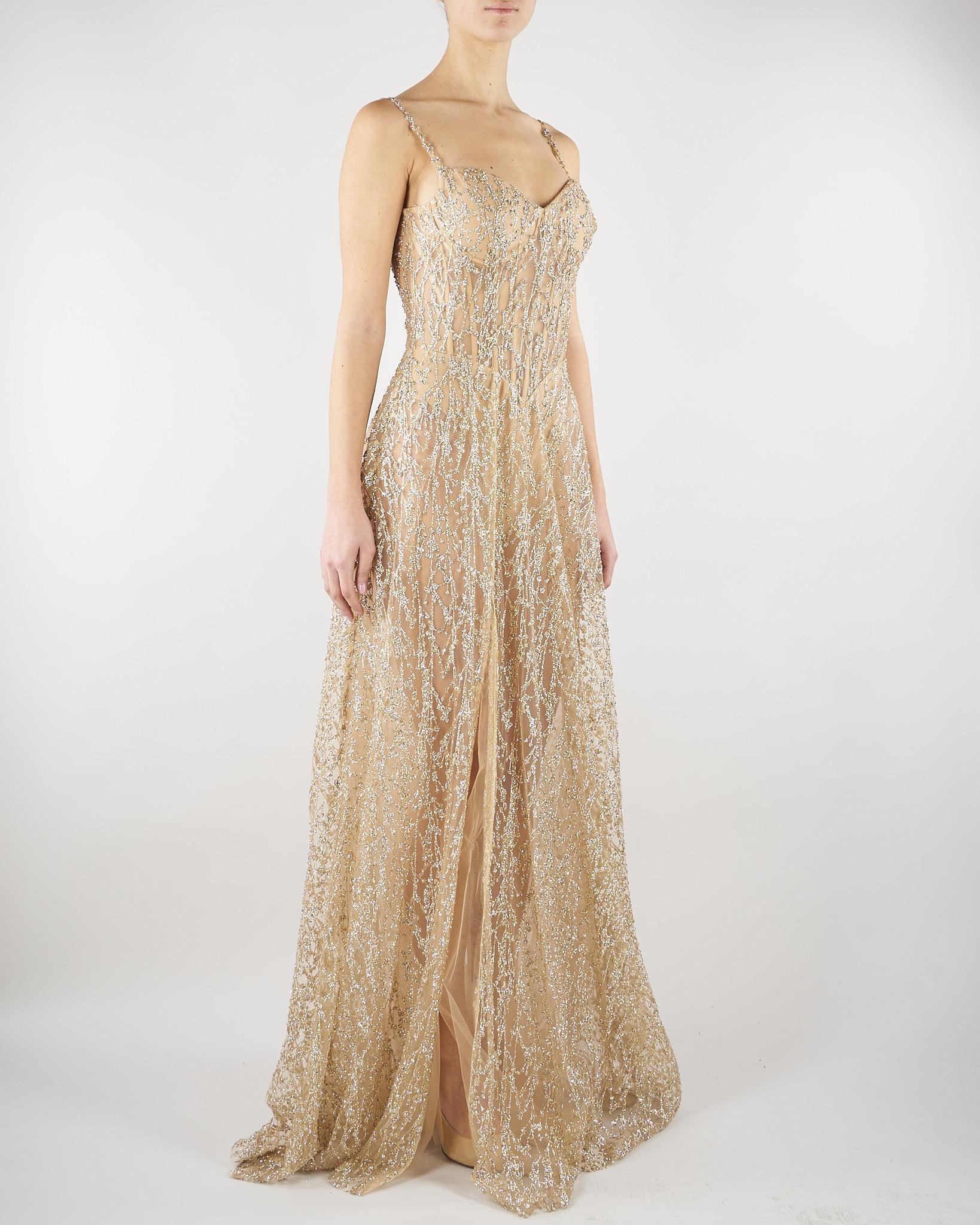 Abito lungo Gold con ricamo pietre e paillettes MINNY 35 FOREVER UNIQUE 