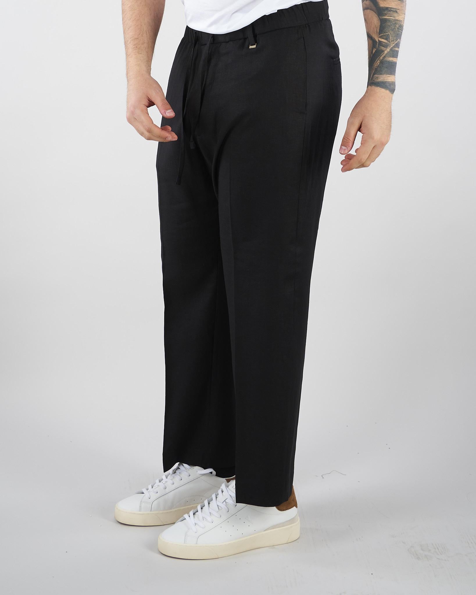 Pantalone Nero in lino con elastico PA3702 9 I'M BRIAN 