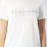T-shirt con pizzo e logo di cristalli