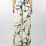 Pantalone a fantasia Crema-Nero in viscosa con elastico in vita