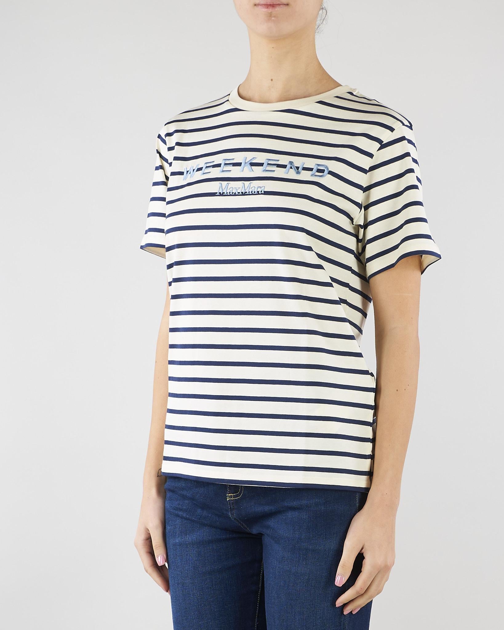 T-shirt Bianco-Blu a righe in jersey con stampa WKDBORA 5 MAX MARA WEEKEND 