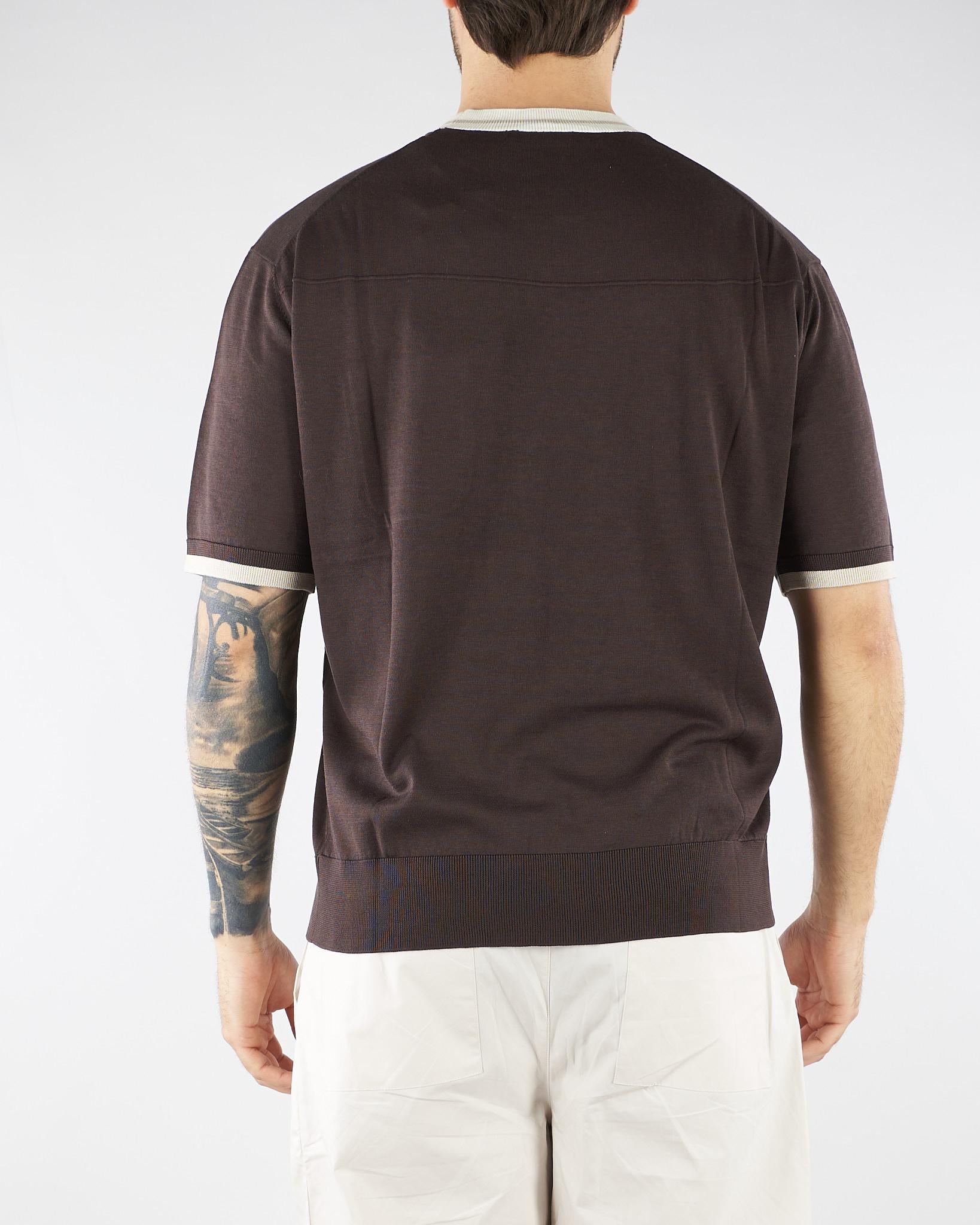 Maglia Marrone in pura seta e cotone con profili a contrasto A032F200 2345 PAOLO PECORA 