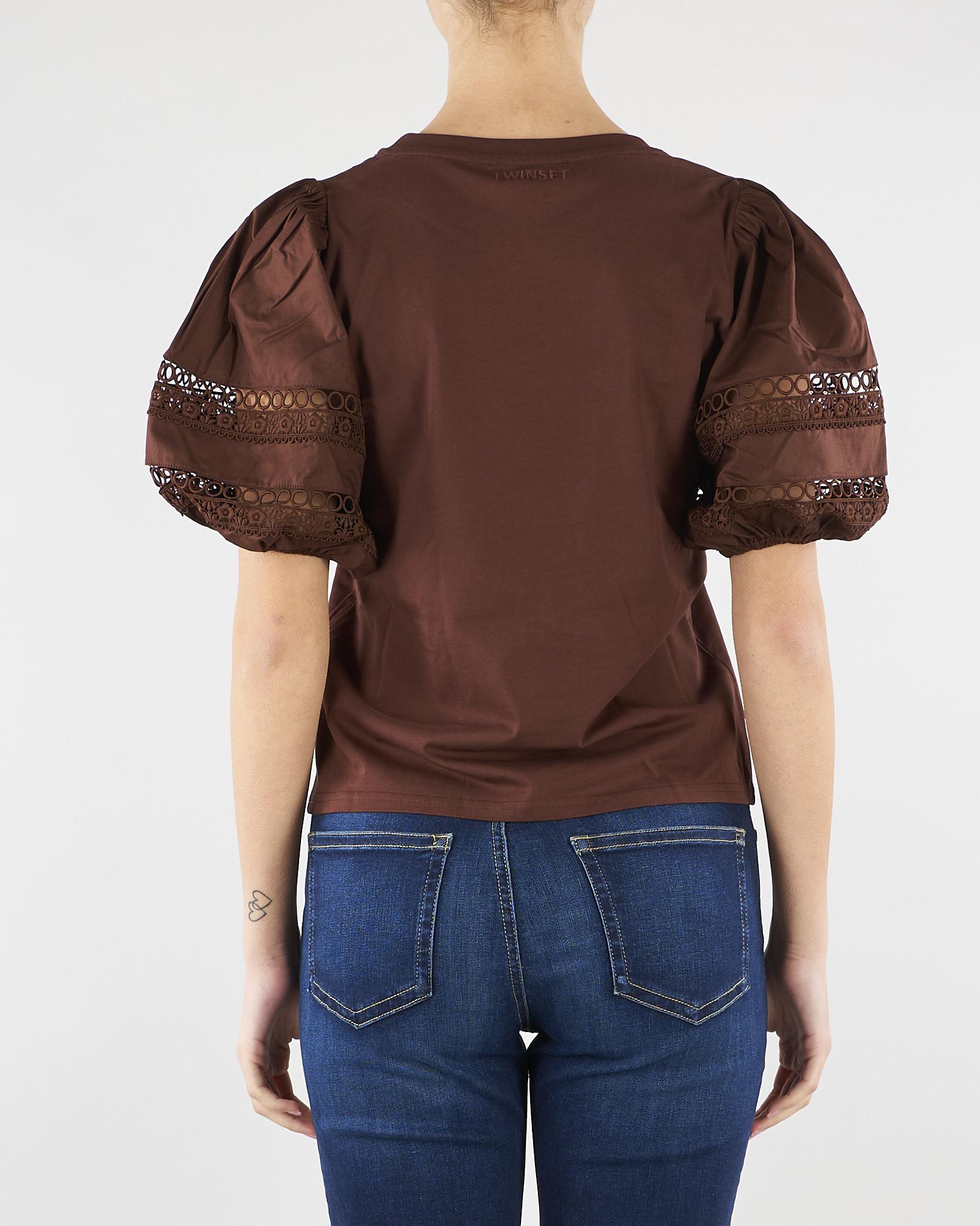 T-shirt Coffe con maniche a sbuffo e ricamo sangallo TT2260 12110 TWIN SET 