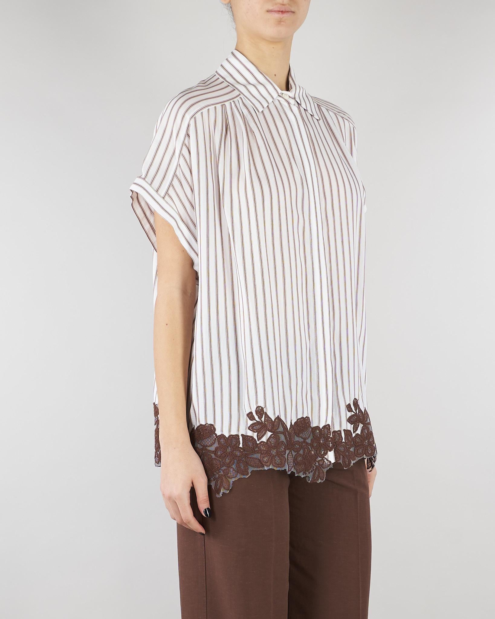 Camicia Bianco-Marrone a righe con ricami floreali D48EK036ES2 MFB25 ERMANNO BY ERMANNO SCERVINO 