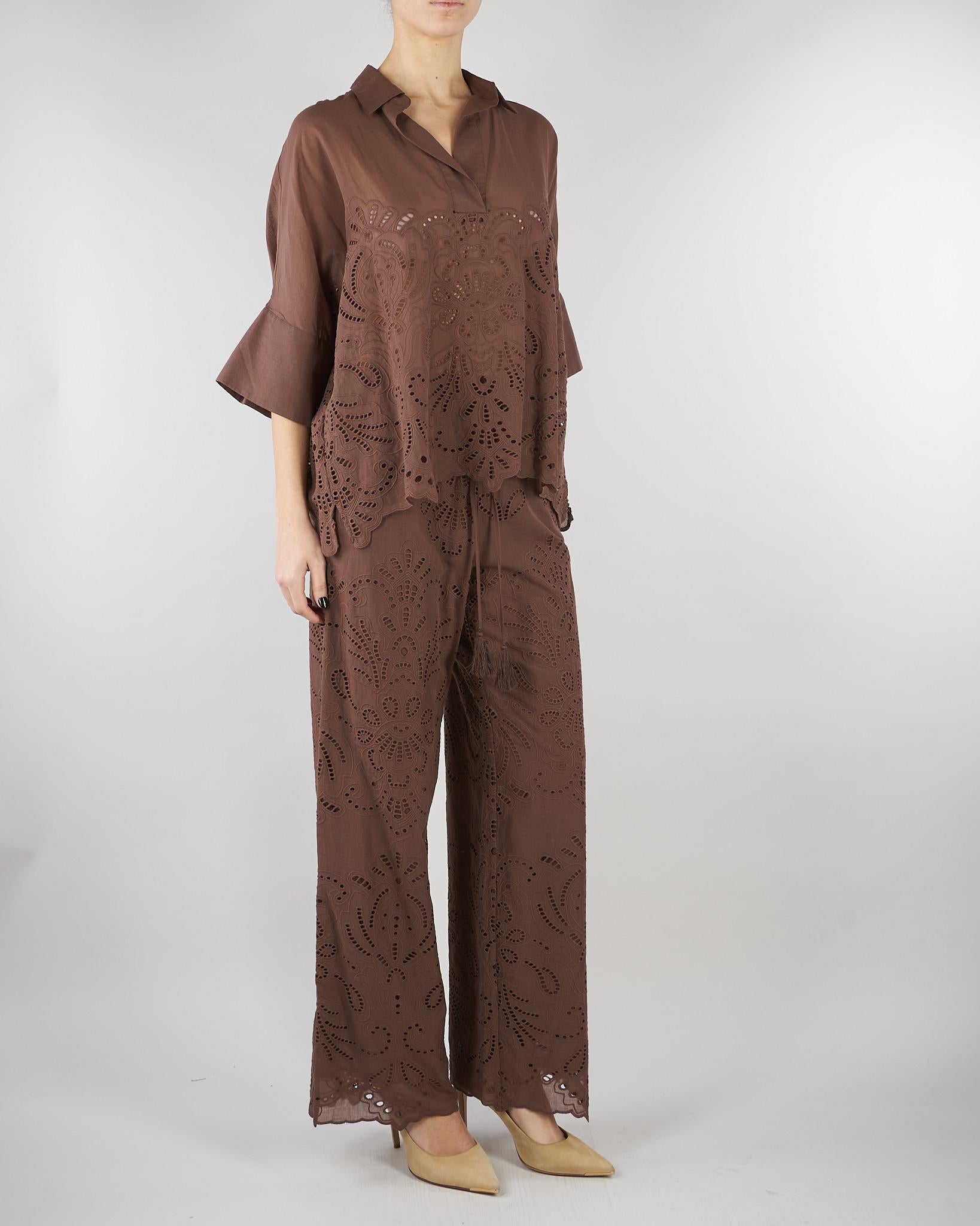 Camicia Marrone a kimono in mussola con ricamo sangallo D48EK022EN0 MFB24 ERMANNO BY ERMANNO SCERVINO 
