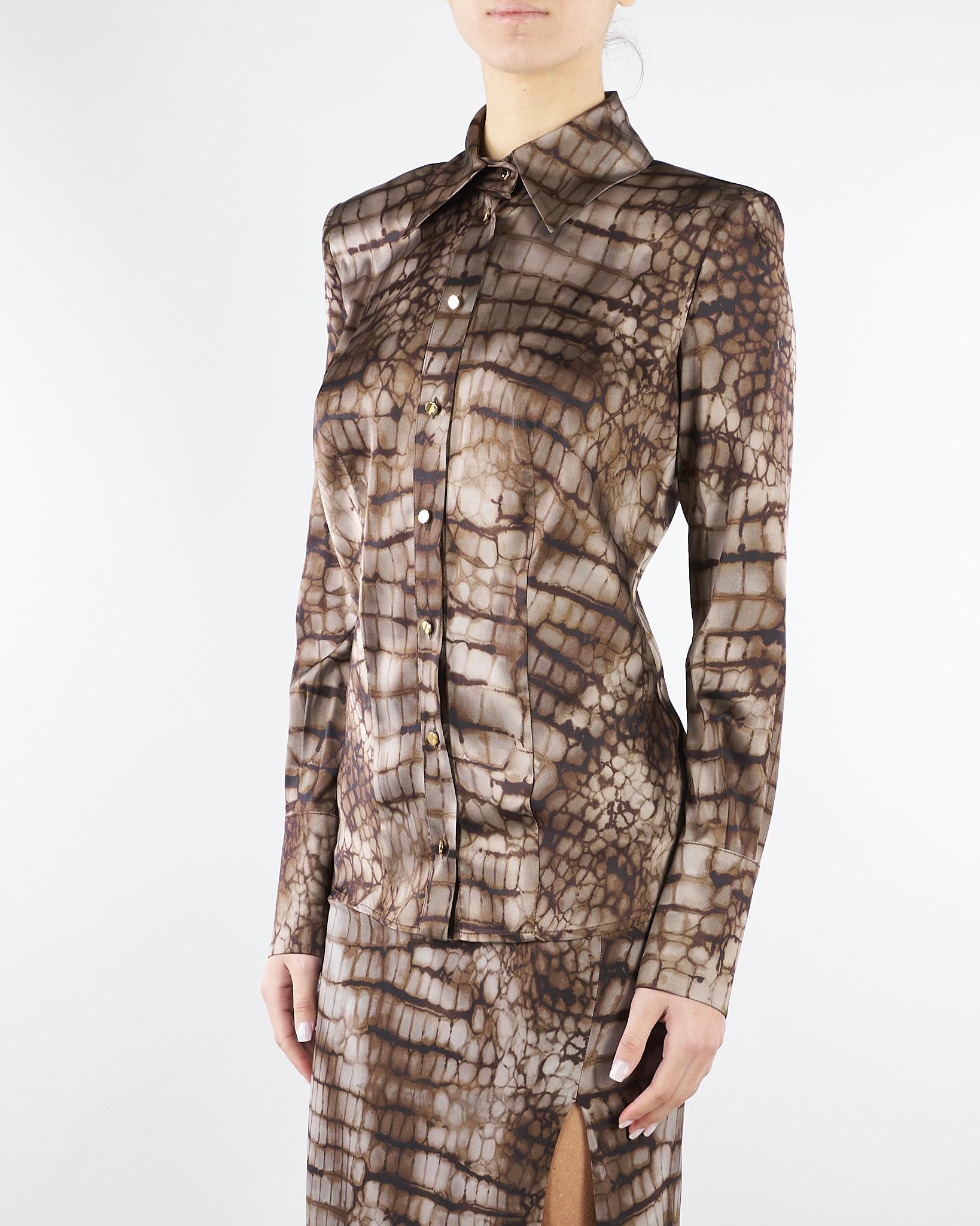 Camicia Cacao in raso con stampa alligatore CA13161E2 644 ELISABETTA FRANCHI 