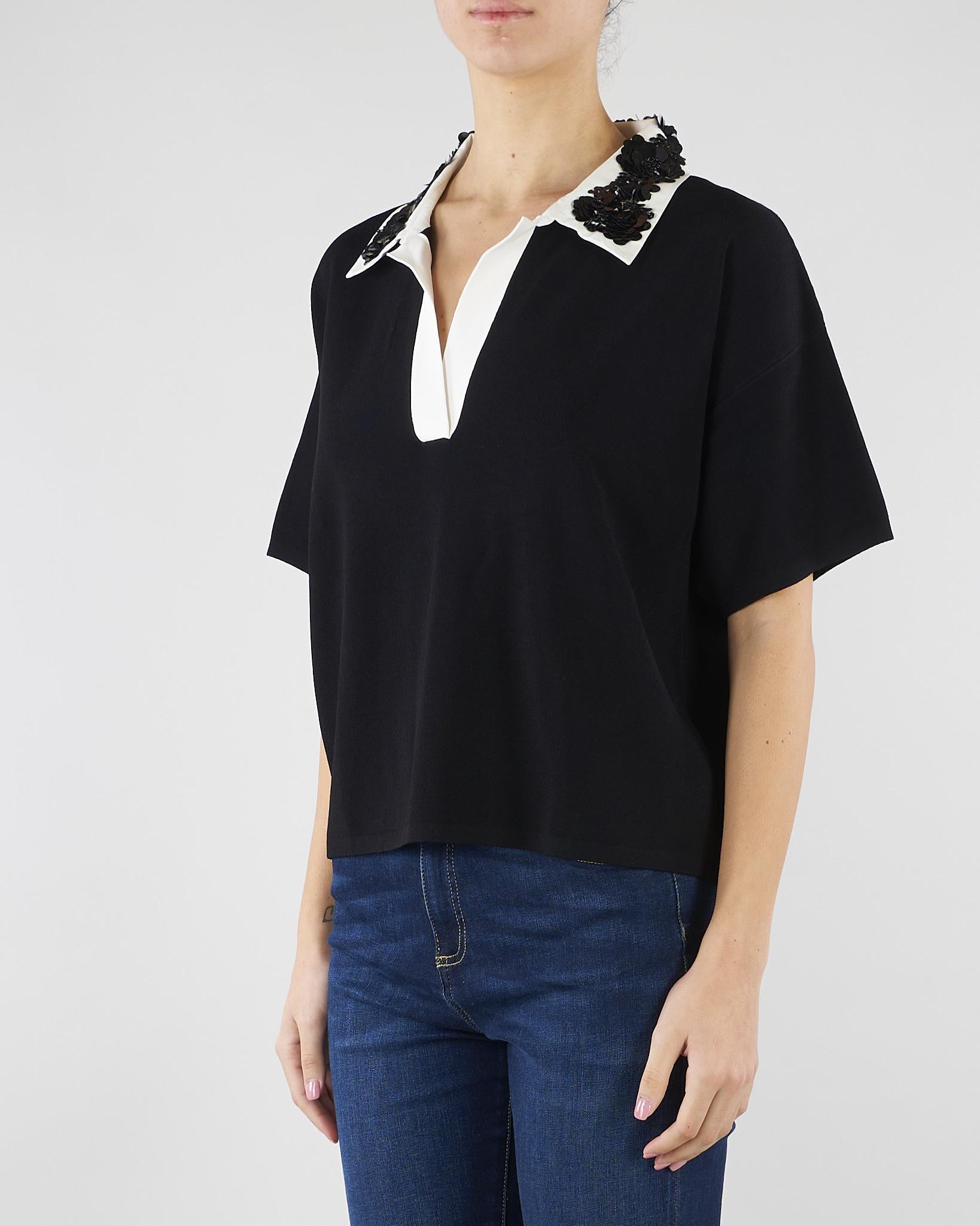 Maglia polo Nero con colletto a contrasto con applicazioni in paillettes SP5NT009 0001 ICONA 