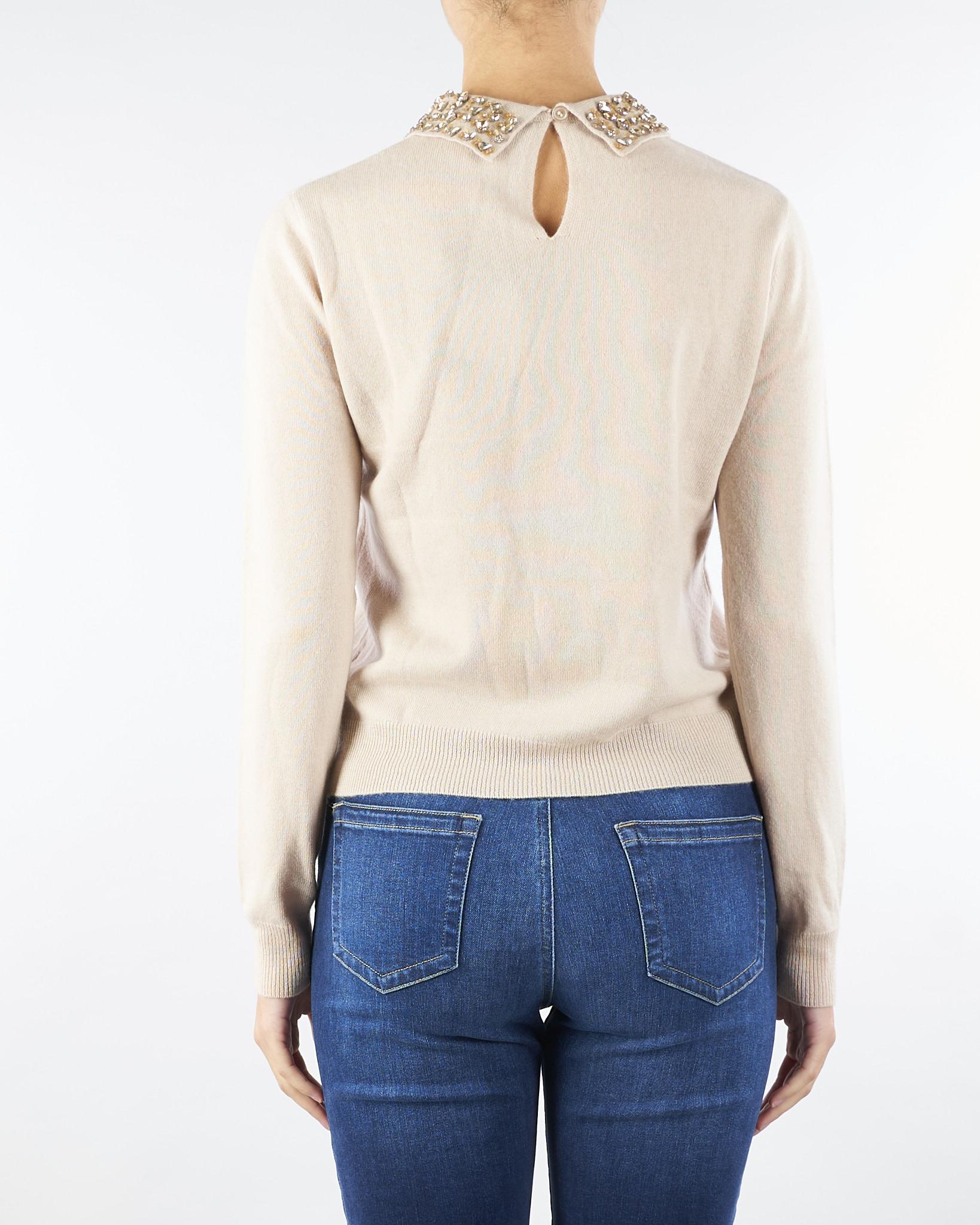 Maglia Crema in misto lana e cashmere con colletto e pietre gioiello RI5NT008 1018 ICONA 