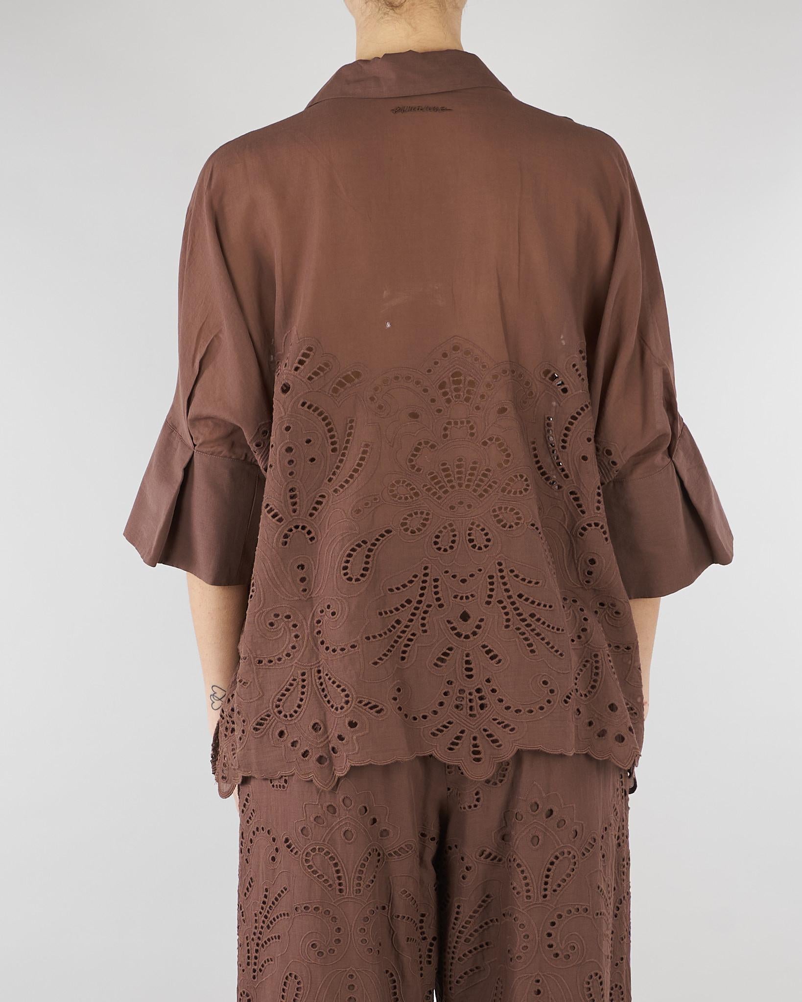 Camicia Marrone a kimono in mussola con ricamo sangallo D48EK022EN0 MFB24 ERMANNO BY ERMANNO SCERVINO 